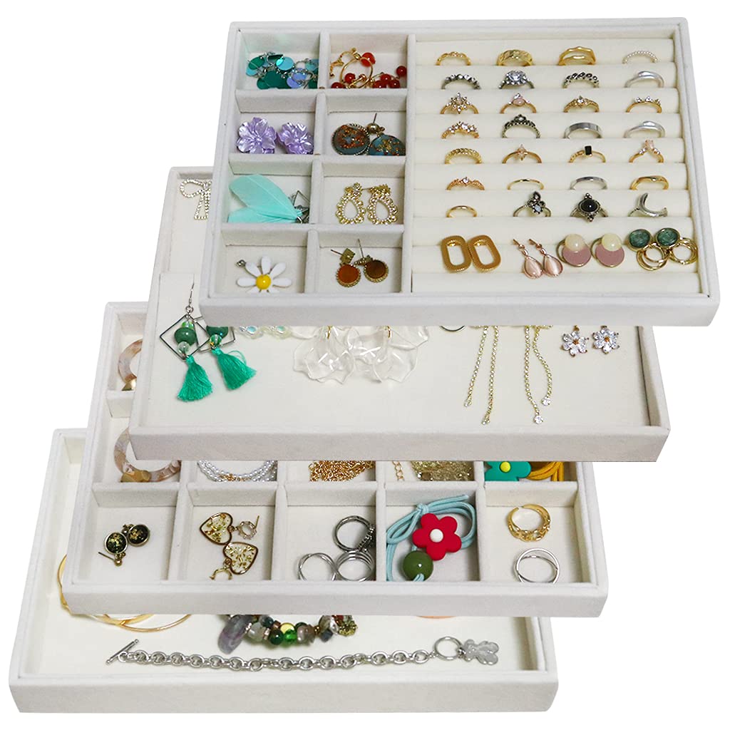 Stackable Velvet Jewelry Organizer Trays - 4-Piece Set for Earrings, Rings, Necklaces & Bracelets | Elegant Jewelry Drawer Inserts & Display Case | Perfect Mother's Day Gift & Jewelry Storage Solution for Home, Travel & Retail Display