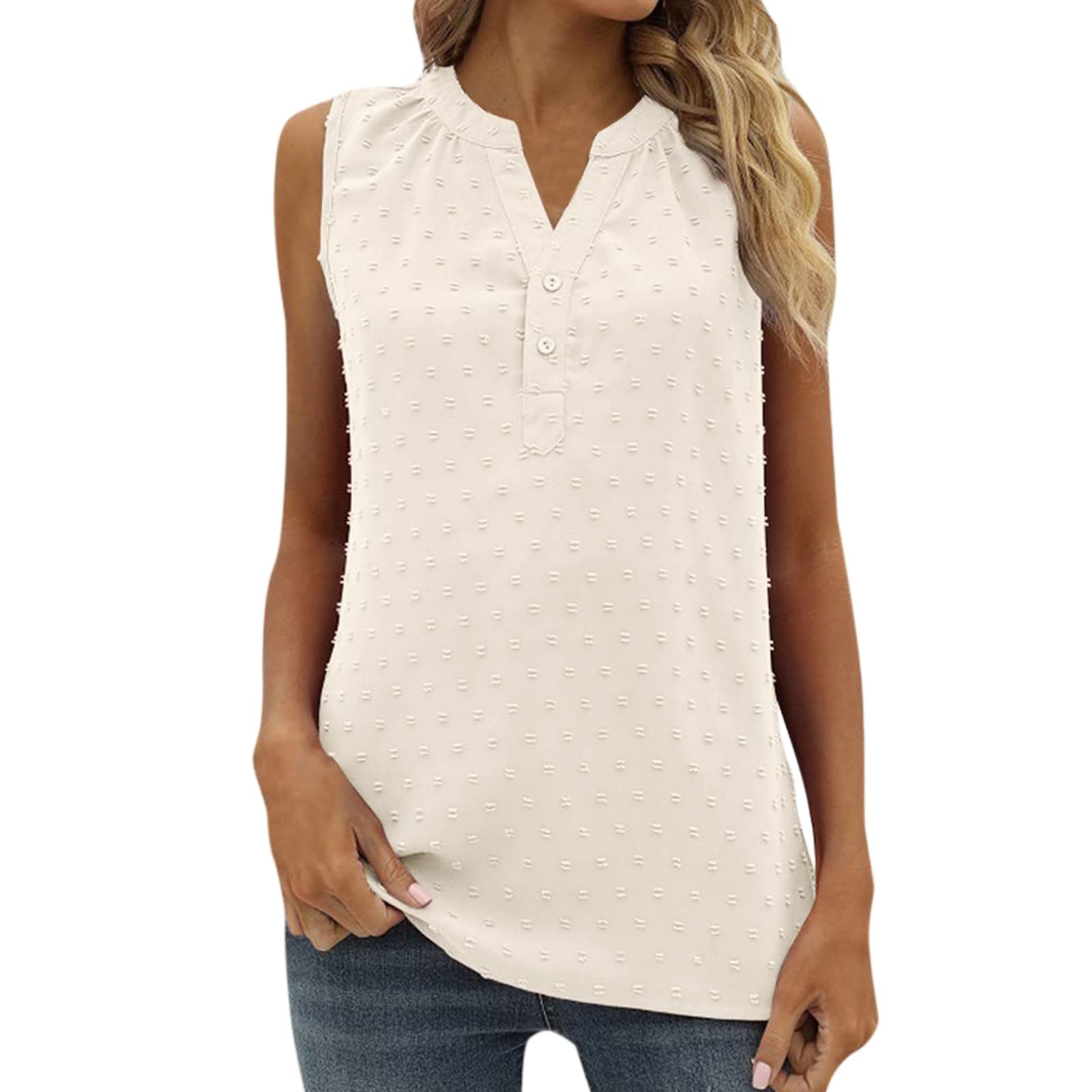 Women's Jacquard Tank Top - Casual Sleeveless Button V-Neck Summer Blouse for Running & Outdoor Activities | Breathable & Stylish Workout Top for Gym, Yoga & Beach Wear