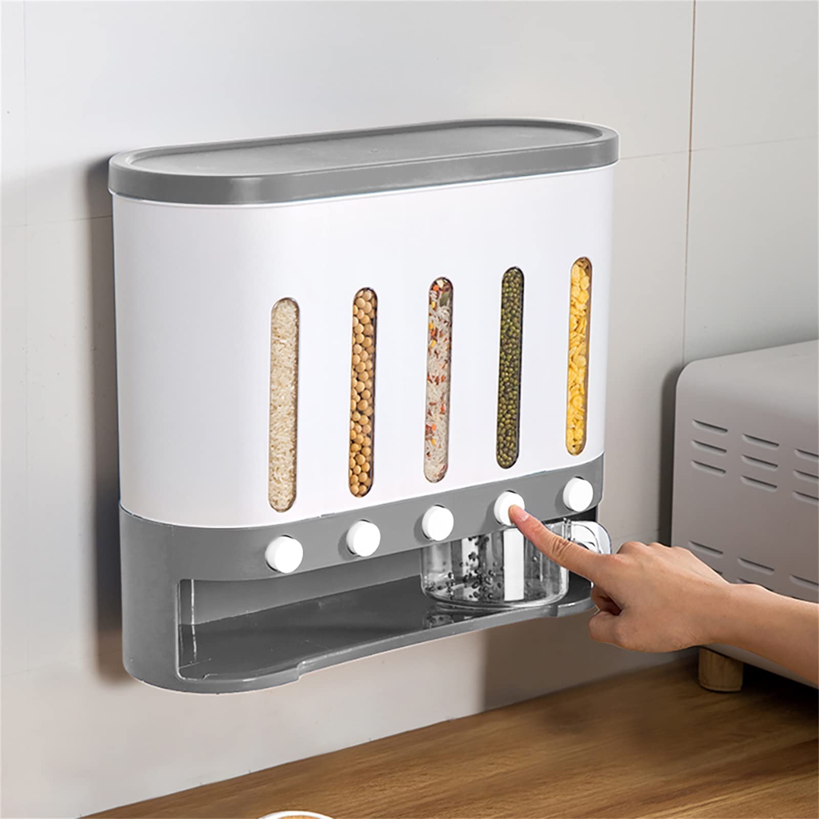 Gdrasuya10 Wall Mounted Dry Food Dispenser - 5 Grid 10L Grain Storage Container for Kitchen & Pantry Organization | Perfect for Rice, Cereal, Pasta & Pet Food Storage