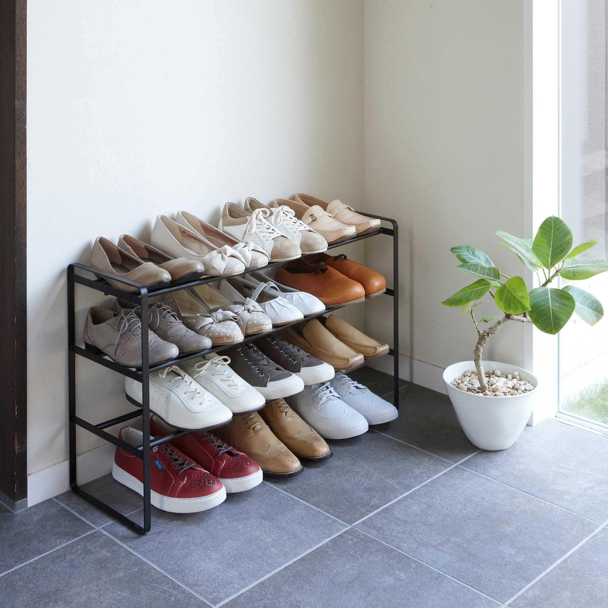 3-Tier Expandable Shoe Rack - 18 Inch Height Steel Organizer for Entryway, Closet & Bedroom Storage - Space Saving Shoe Shelf for Sneakers, Boots & Sandals