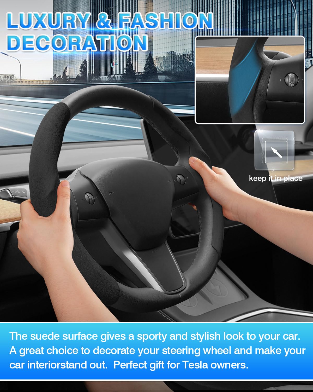 Premium Custom Fit Suede Steering Wheel Cover for Tesla Model Y (2020-2025) & Model 3 (2017-2024) - 2-Pack Black Steering Wheel Protector Accessories | Enhanced Grip & Luxury Feel for Daily Commuting & Road Trips