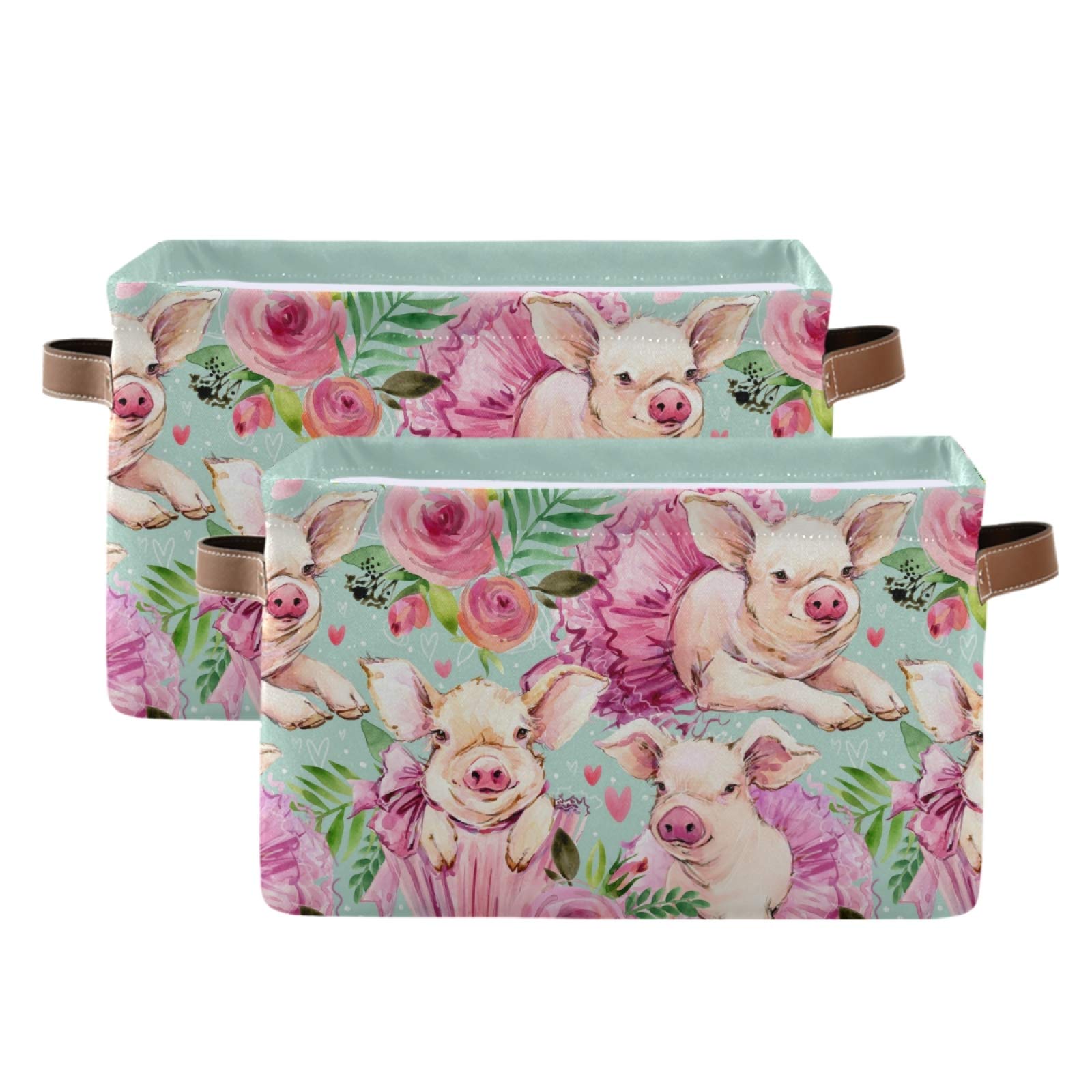 Waterproof Collapsible Storage Basket with PU Handles - Cute Pig Design Organizer for Nursery, Laundry & Home Organization (2-Pack) | Perfect for Baby Rooms, Closet Storage & Toy Organization