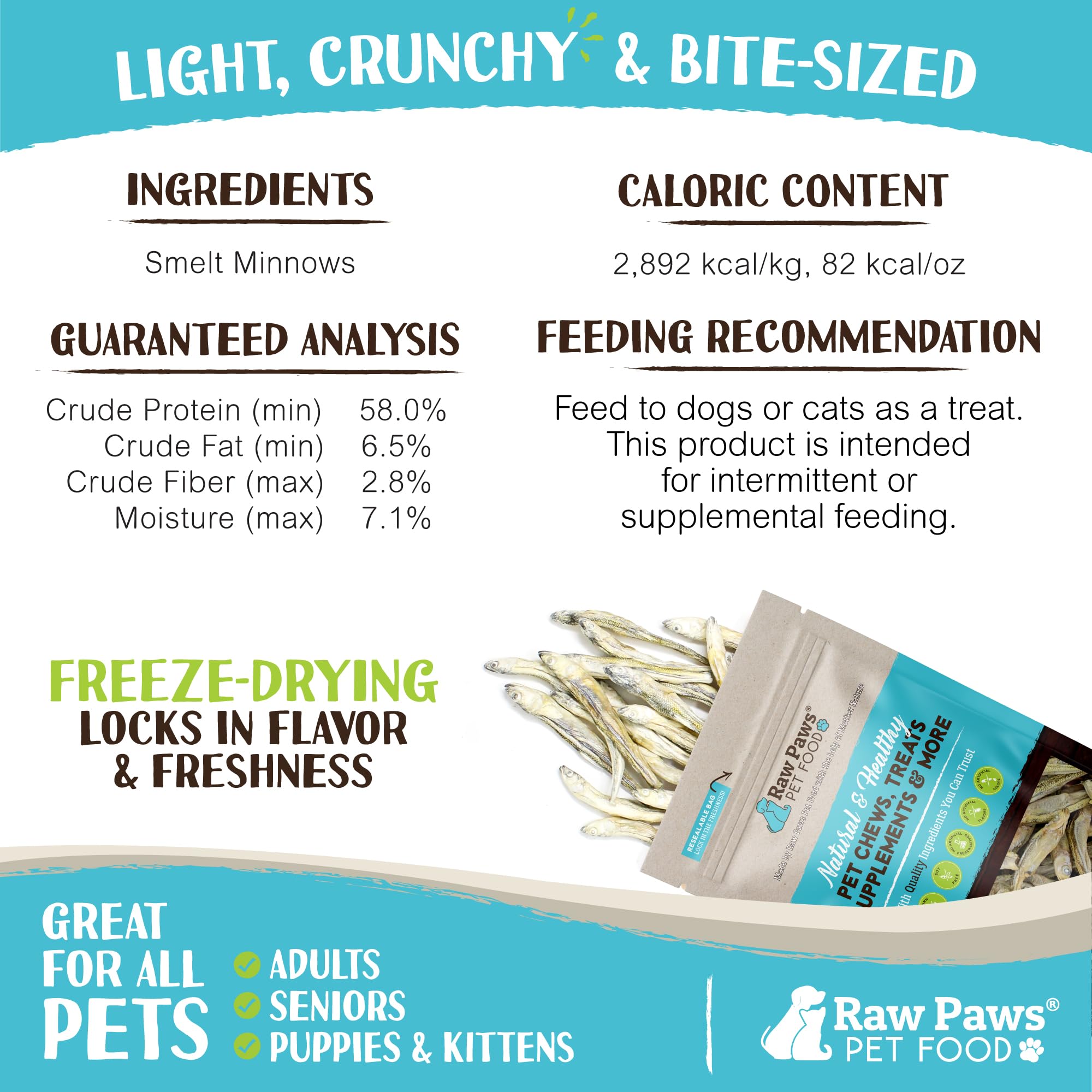 **Freeze-Dried Smelt Minnows for Cats & Dogs - 2oz Single-Ingredient Fish Treats - Made in USA - Healthy Raw Paws Dog & Cat Snacks - Perfect for Training, Rewards & Dental Health**