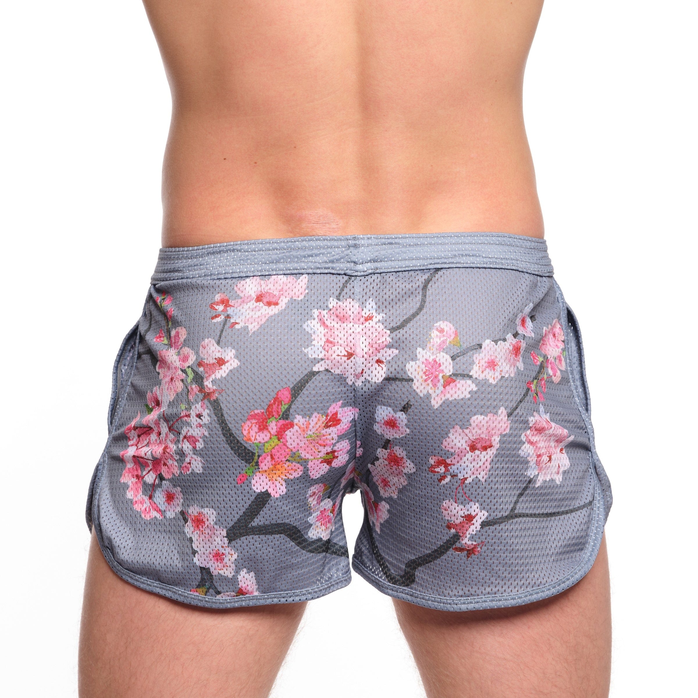 Cherry Blossom Mesh Shorts for Women - Soft Breathable Grey Athletic Shorts with Pockets | Perfect for Running, Yoga & Summer Workouts