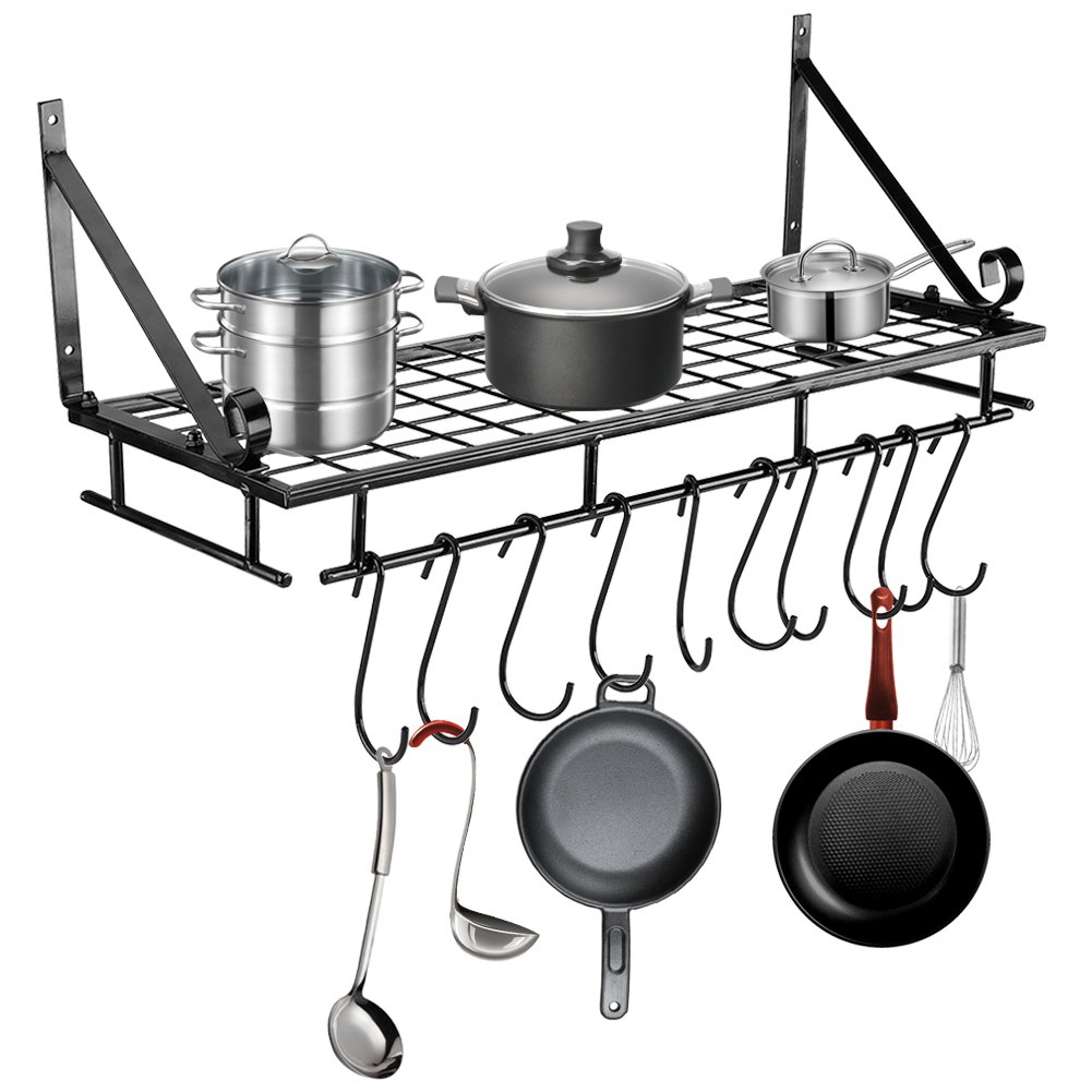 **Matte Black Wall Mounted Hanging Pot Rack with 10 Hooks - Kitchen Storage Organizer for Pots, Pans, Utensils & Cookware - Space-Saving Solution for Counter, Cabinet & Small Kitchens**