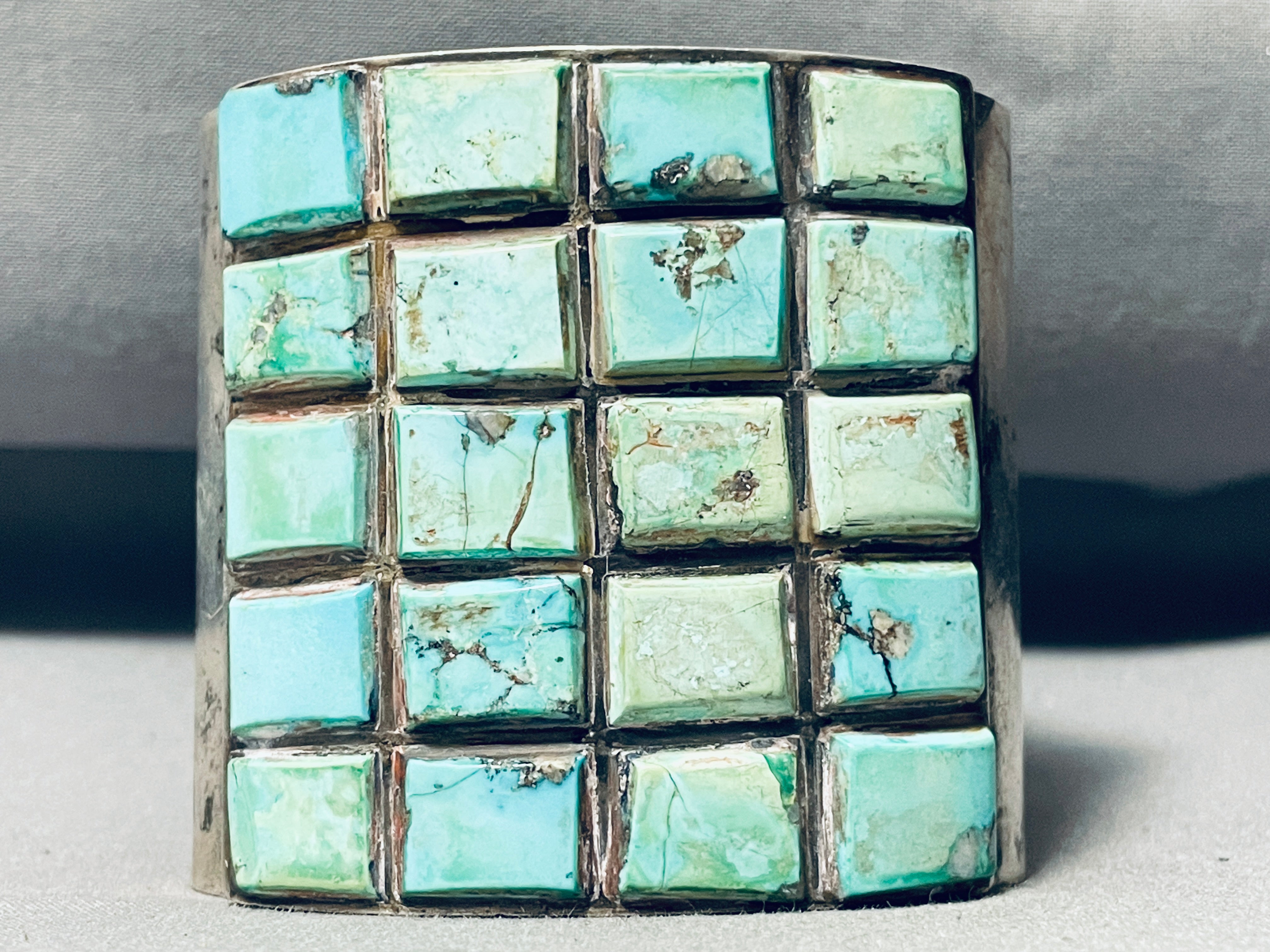 175 Grams Vintage Native American Navajo Checkerboard Turquoise Sterling Silver Bracelet