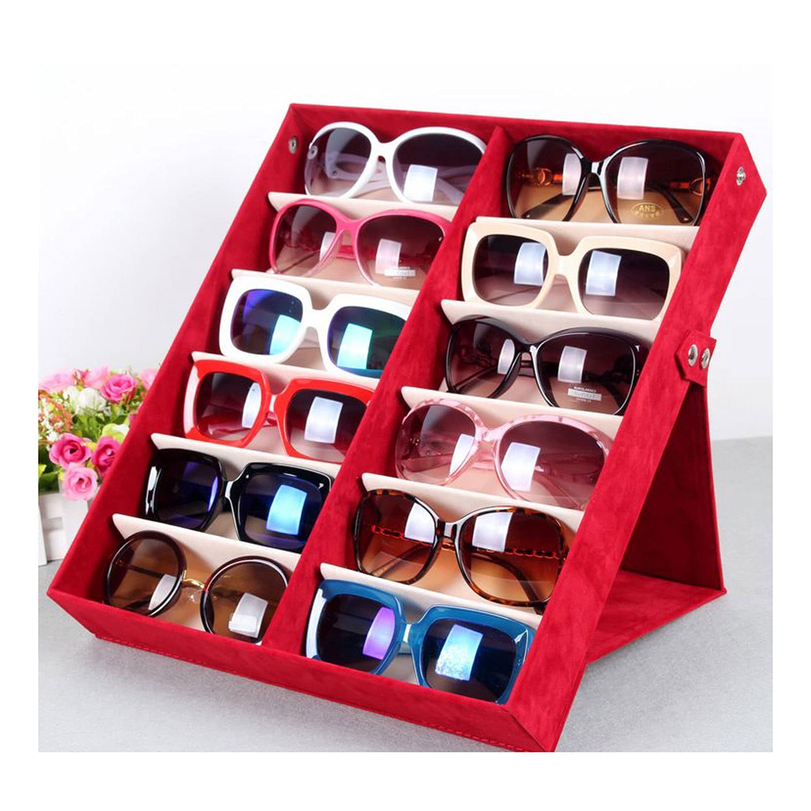 IAOHUO 12-Slot Sunglass Holder Stand with Cover - Eyeglass Organizer Box, Eyewear Display Case & Sunglasses Tray - Perfect for Retail Stores, Home Organization & Optical Shops (Red)