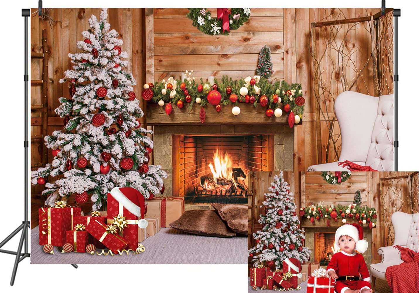 LTLYH 7x5ft Rustic Wooden Fireplace Christmas Backdrop - Holiday Family Photo Background for Xmas Eve Party Decor, Tree Photography Scene, Home Celebration & Social Media Content