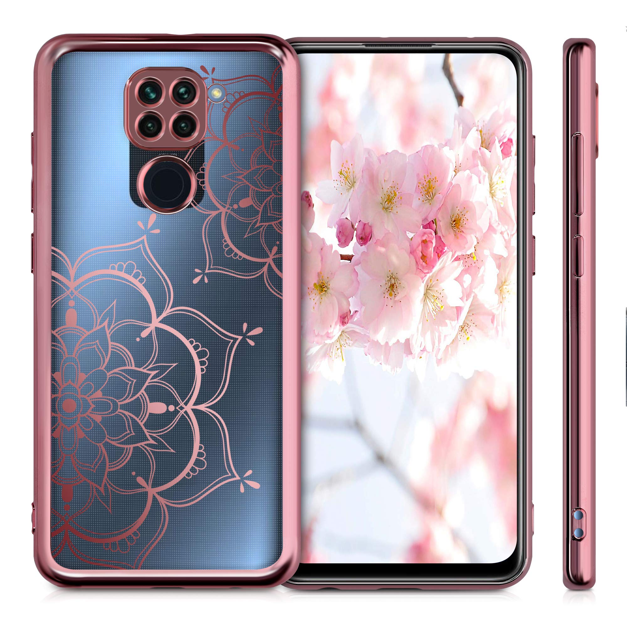 kwmobile Crystal Clear TPU Case for Xiaomi Redmi Note 9 - Soft Flexible Transparent Silicone Phone Cover with Rose Gold Flower Design - Perfect for Everyday Protection & Style Enhancement
