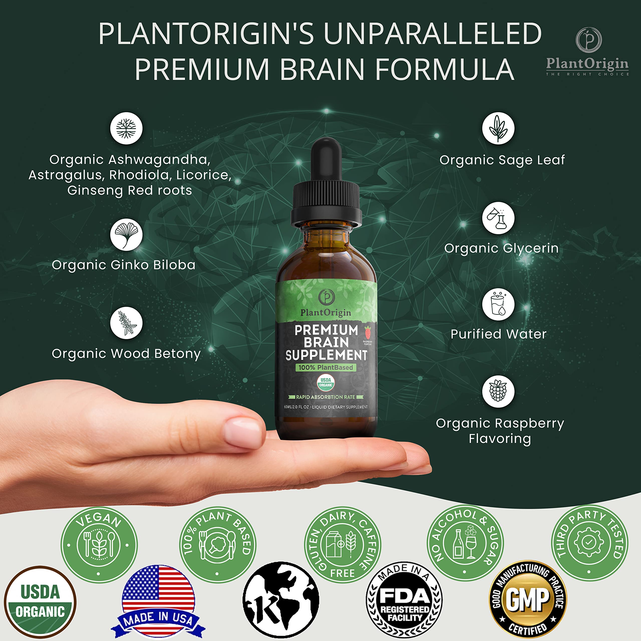 Premium Brain Nootropic Drops for Memory, Focus & Concentration | Organic Ashwagandha, Ginseng & Ginkgo Biloba Supplement | USDA Certified, Vegan, Non-GMO, Gluten-Free | 30 Servings (2oz) | Boost Cognitive Performance for Studying, Work & Mental Clarity