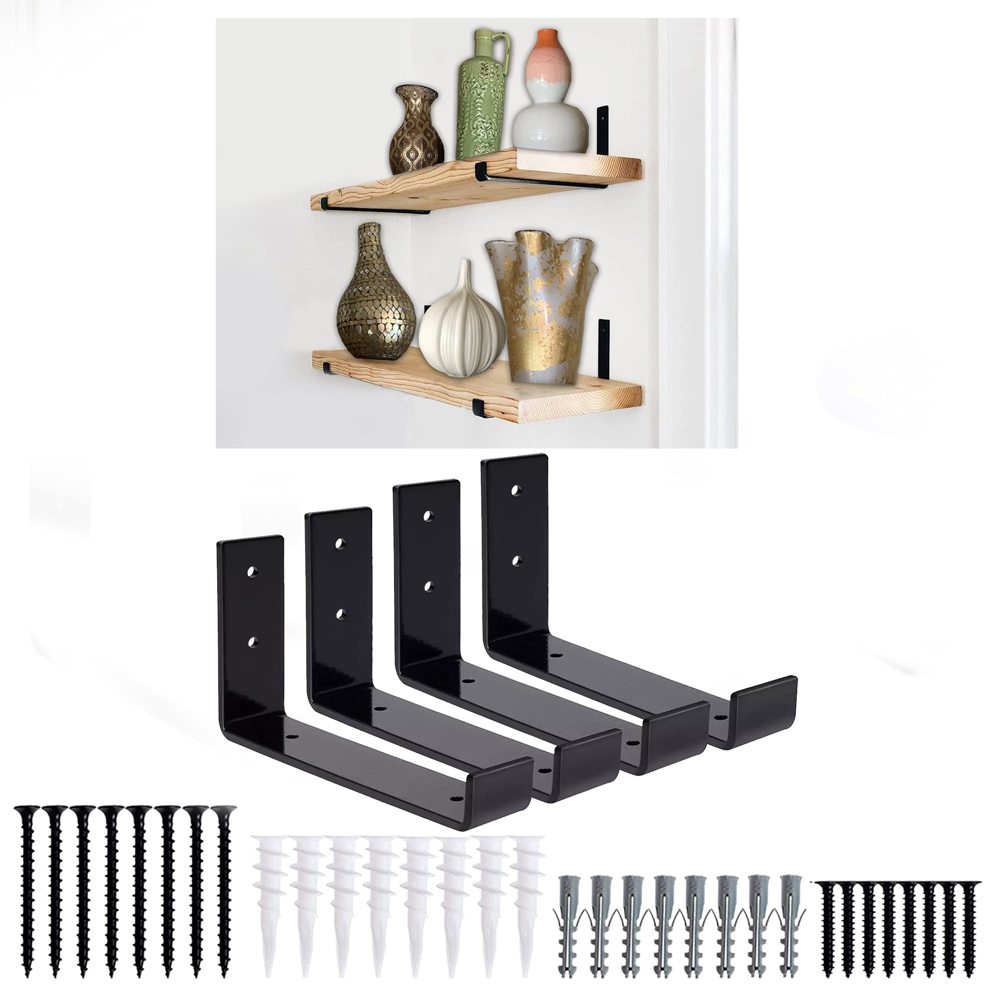 Heavy Duty Black Metal Shelf Brackets 4 Pack - 6