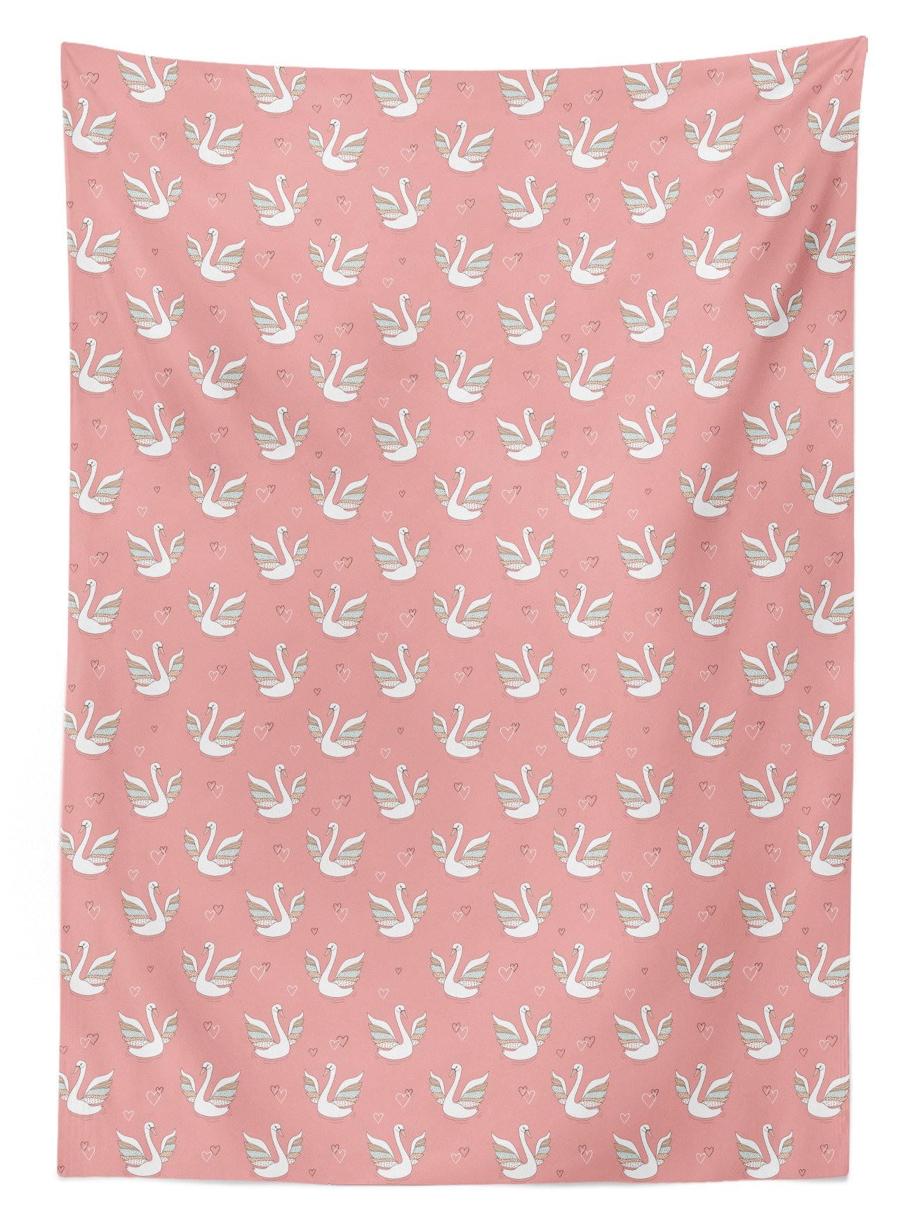 Ambesonne Swan Outdoor Tablecloth - Hand Drawn White Birds on Coral Background with Patterned Wings & Hearts, Waterproof Washable Picnic Table Cover 58x104 Inches - Perfect for Garden Parties, BBQs, and Outdoor Dining Decorations