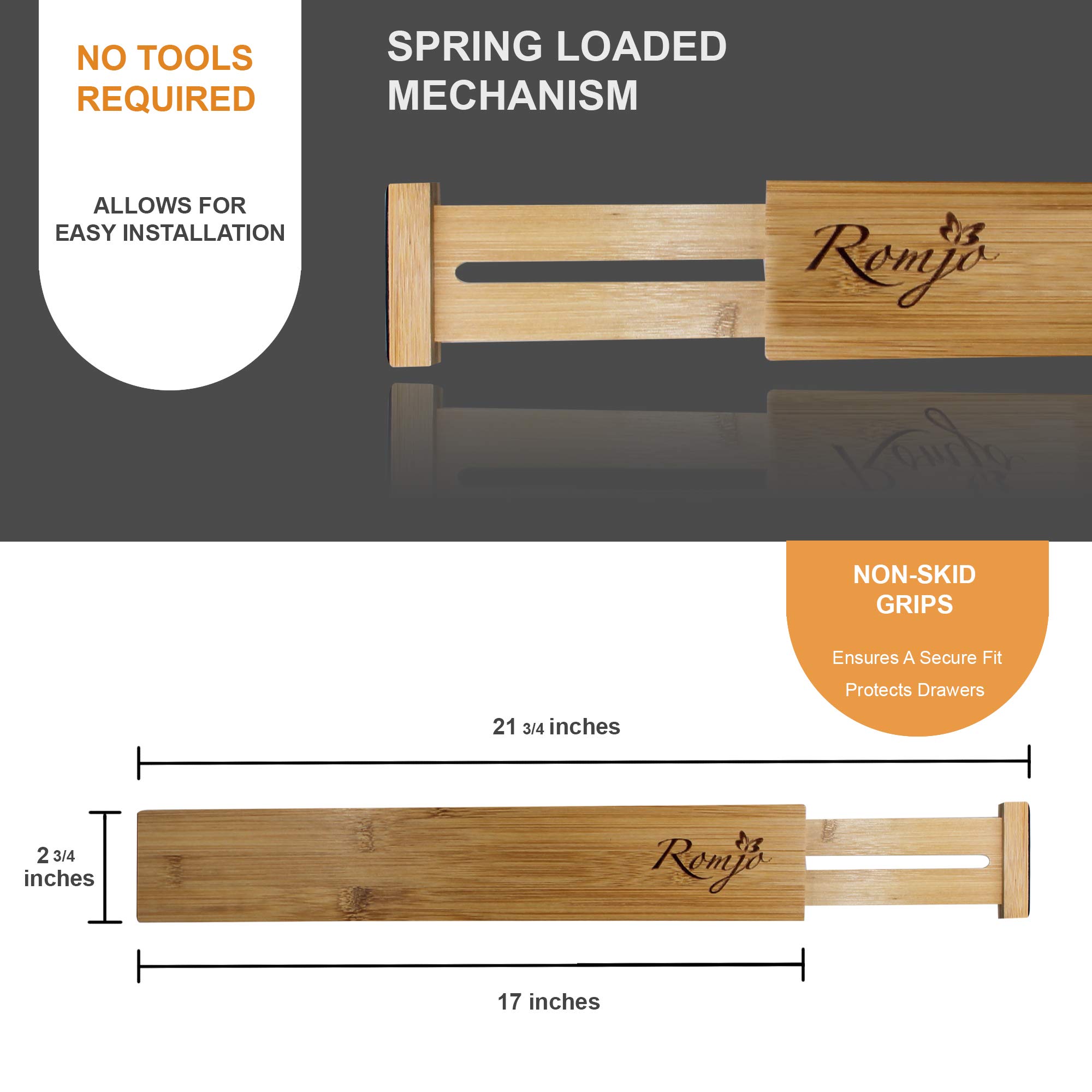 Adjustable Bamboo Drawer Organizers - Set of 4 for Kitchen Utensils (17-21.75