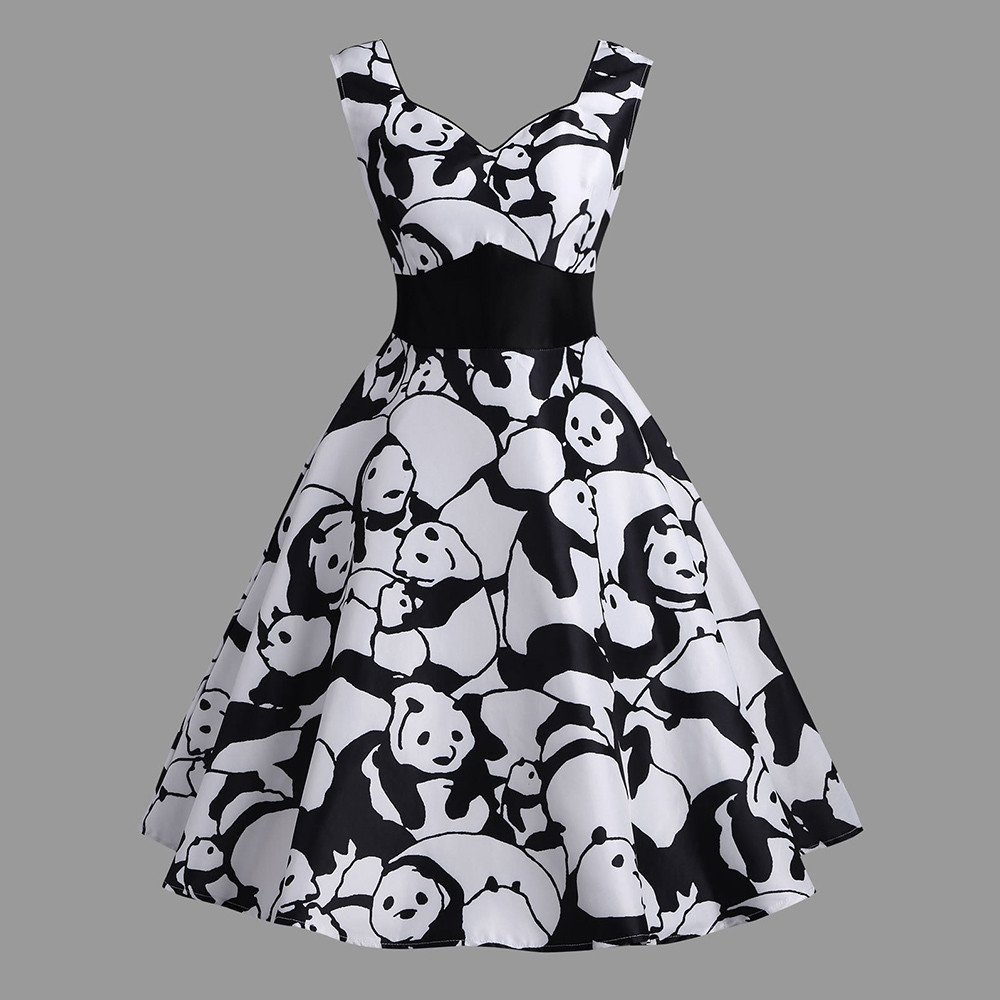 Vintage Printed Summer Dress for Women - A-Line Swing Strappy Sleeveless Panda Camis Casual Dress in Black | Perfect for Beach Vacations, Date Nights & Summer Outings