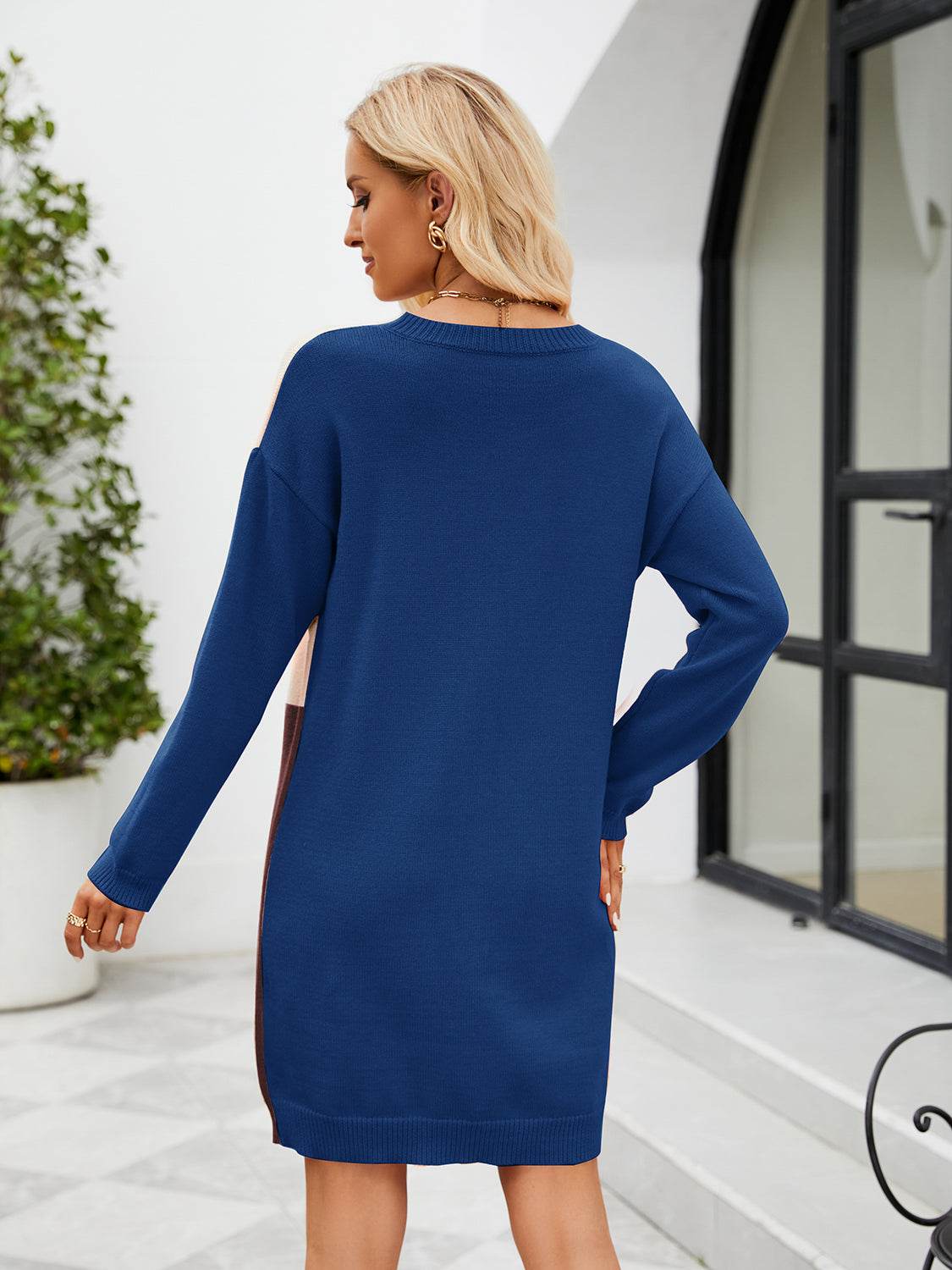 Stylish Color Block Dropped Shoulder Sweater Dress for Women | Trendy Fall Winter Knit Dress | Perfect for Casual Outings, Date Nights & Office Wear
