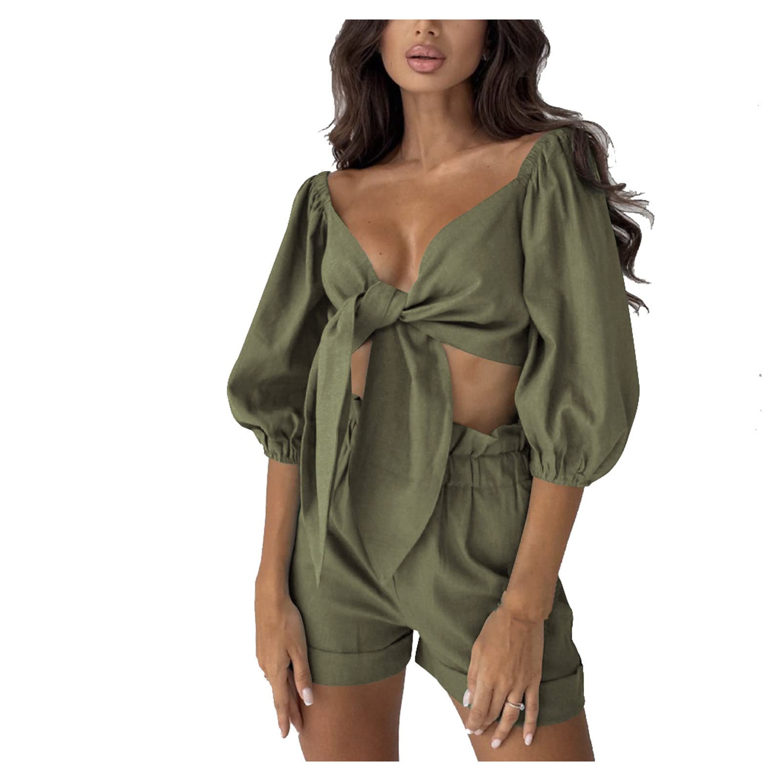 Women's Two Piece Outfits - Summer Slim Solid Color Beach Top & Shorts Lounge Set | Waffle Knit Tracksuit for Women | Casual Sweatsuits for Summer & Fall | Perfect for Beach, Vacation, and Relaxing at Home