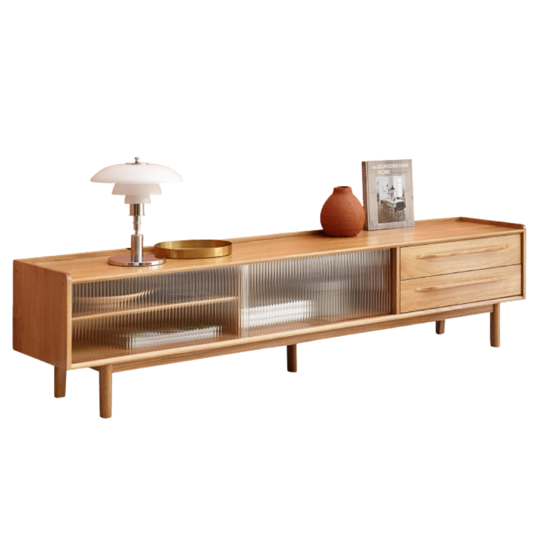 Solid Oak Wood TV Stand with Sliding Doors - Modern Entertainment Center for Living Room, Bedroom & Home Theater