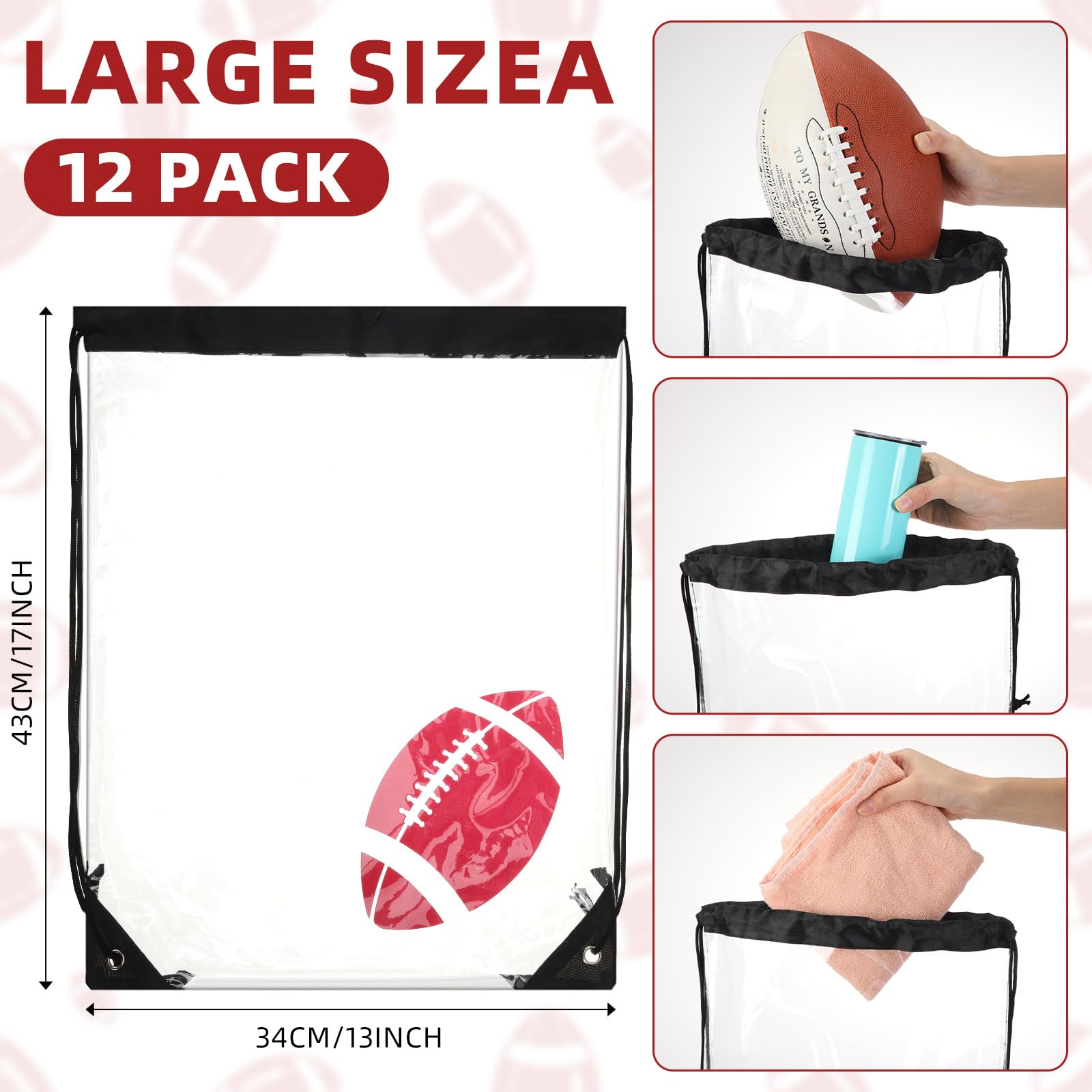 12 Pack Clear Football Drawstring Backpacks - 17x13 Inch Waterproof Plastic Sports Bags for Party Favors, Gym & Stadium Events | Team Gifts, Goodie Bags & Game Day Essentials