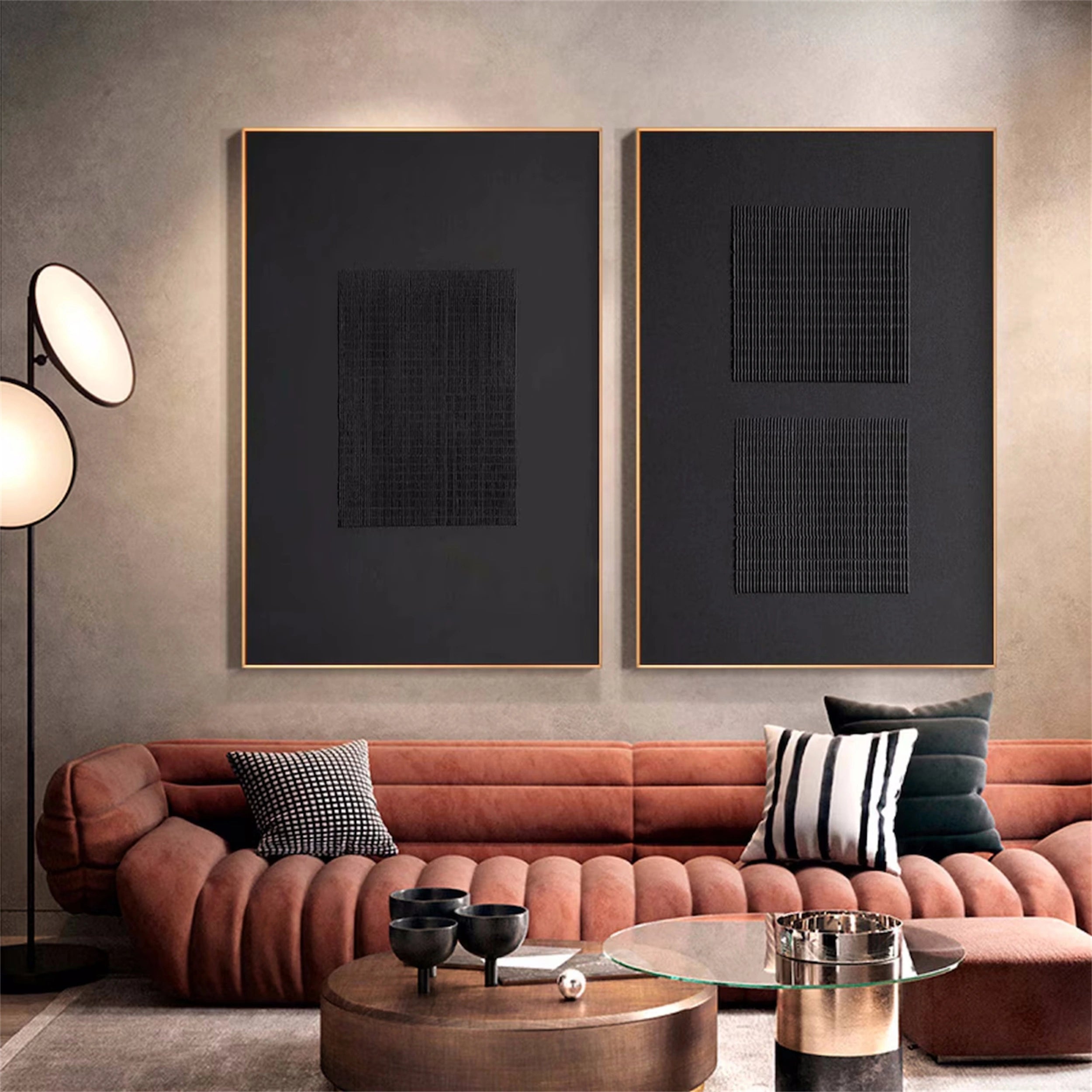 Black Minimalist Textured Paintings Canvas Set of 2 - Modern Abstract Wall Art for Living Room, Bedroom & Office Decor #MZ072
