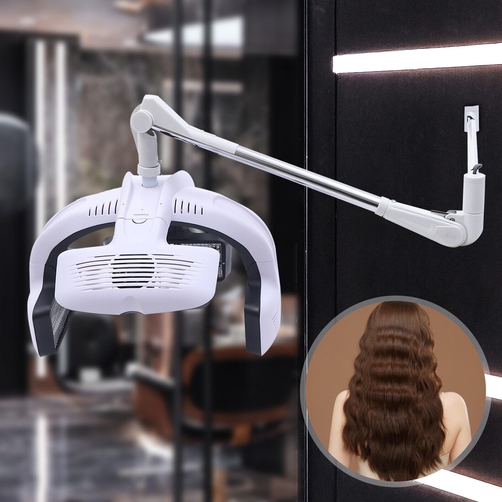 Professional 1250W Wall Mounted Hair Dryer with LCD Display & Adjustable Swing Arm - 110V Salon Hair Hood Dryer for Hair Styling & Processing - Perfect for Home & Salon Use