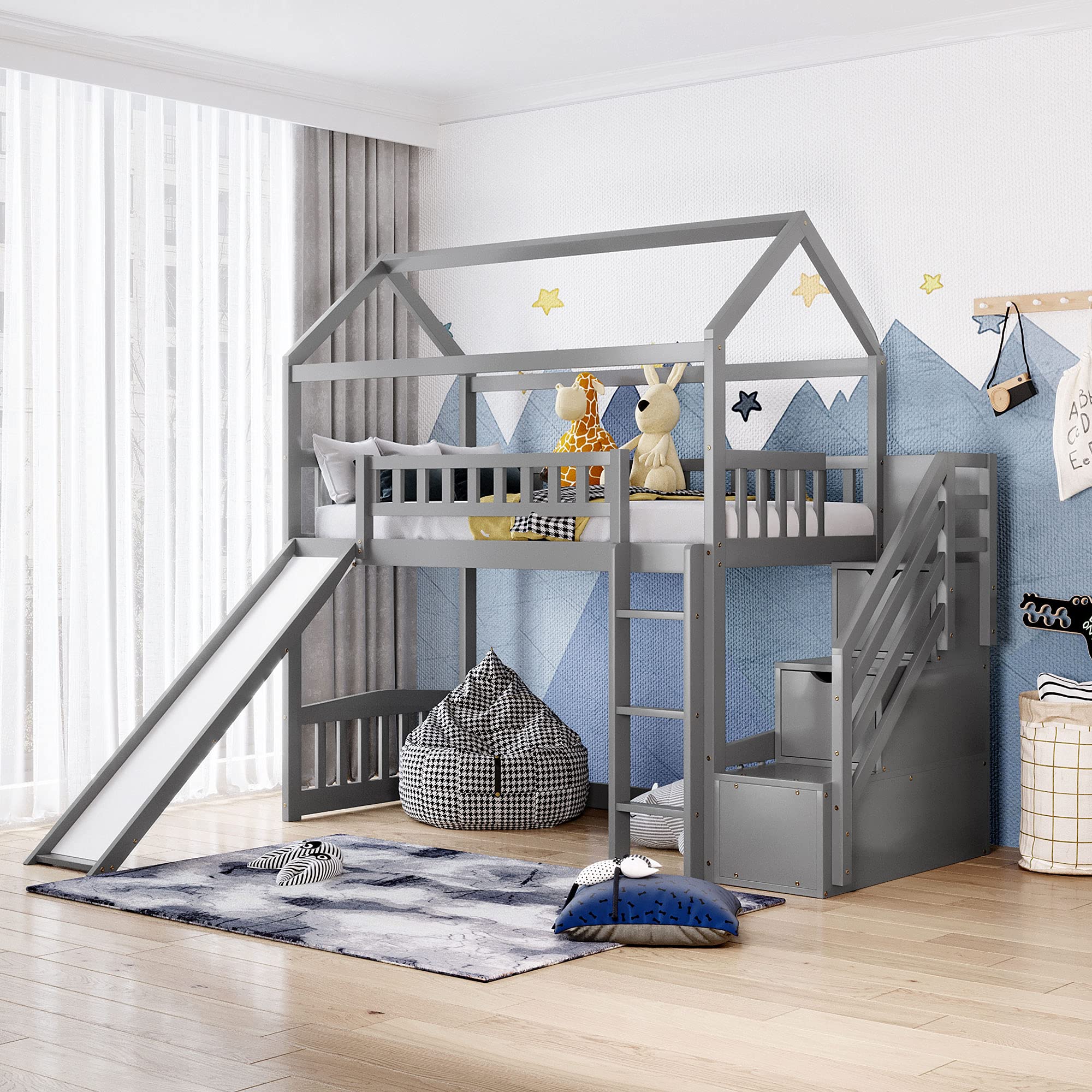 MOEO Twin Size Wooden Loft Bed with Slide & 2 Storage Drawers - Kids Space-Saving Bed Frame, No Box Spring Needed, Gray - Perfect for Small Bedrooms, Playrooms & Kids' Shared Spaces