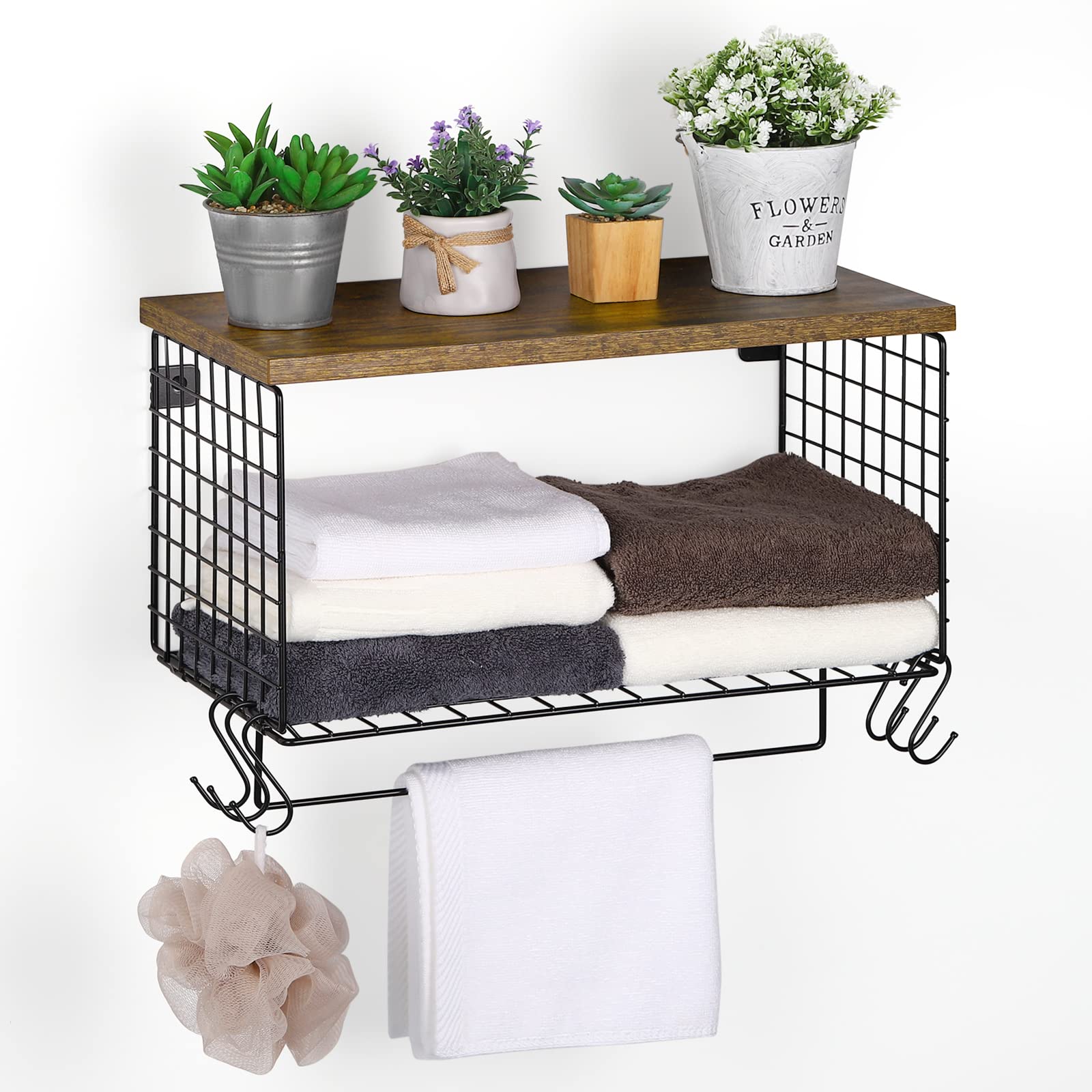Farmhouse Style Wall Mounted Towel Rack with 6 Hooks - Rustic Bathroom Shelf Organizer for Towels, Robes & Accessories | Perfect for Bathroom, Bedroom, Laundry Room & Living Room Decor