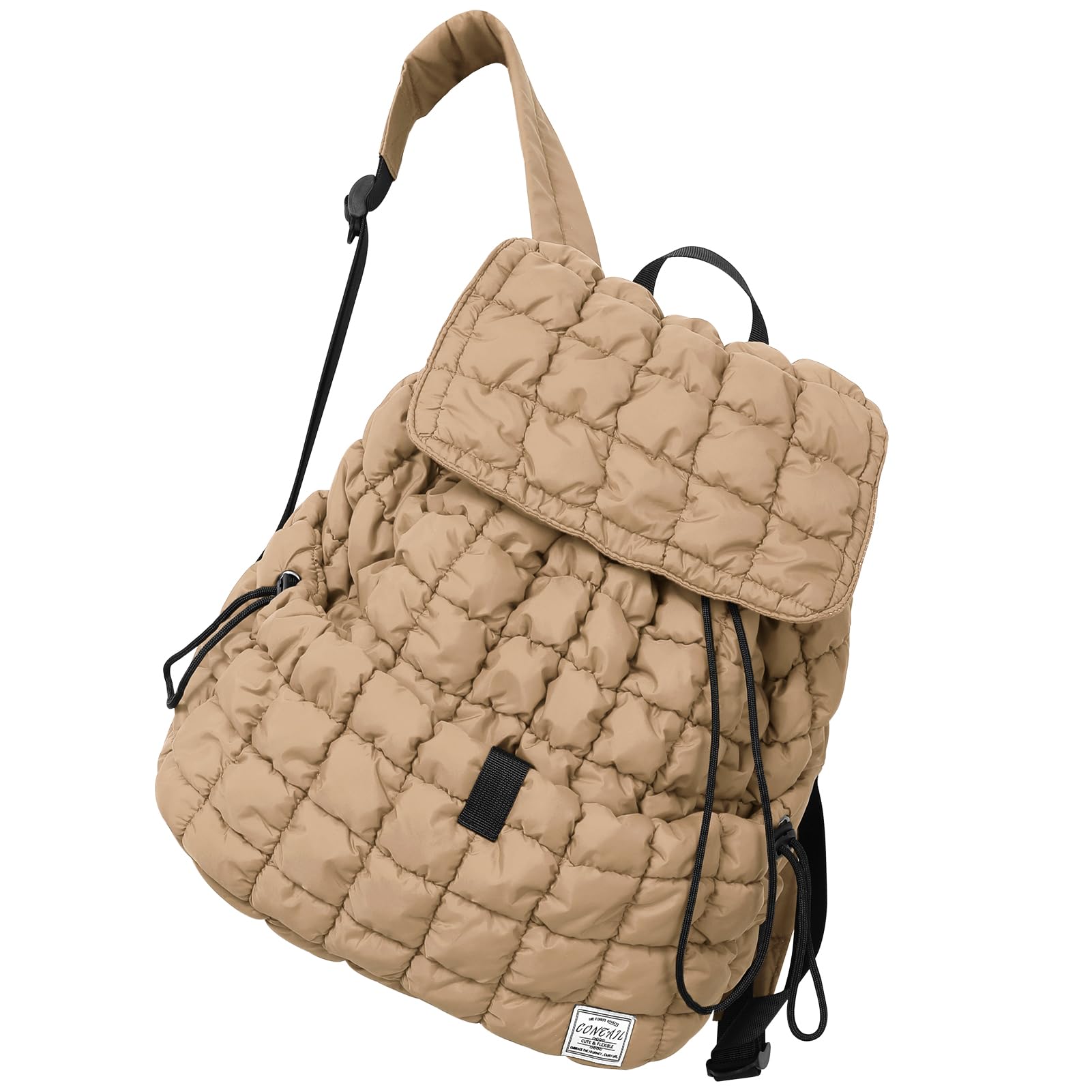 CONTAIL 18L 14 Inch Quilted Puffer Backpack - Waterproof Top Flap Drawstring Backpack for Women & Men, Khaki - Perfect for College, Travel, Hiking and Daily Commute