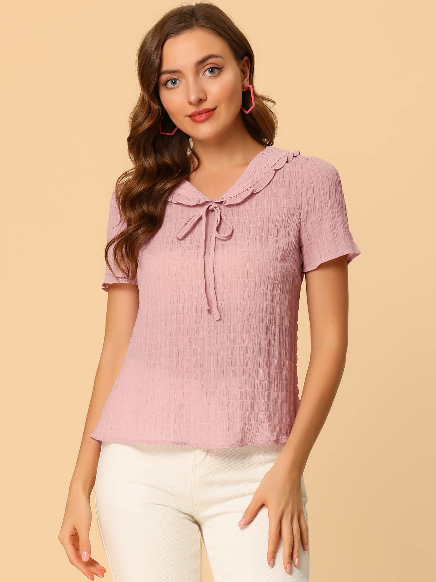 Allegra K Women's Peter Pan Collar Tie Neck Ruffle Blouse - Elegant Floral Print Tops for Office, Date Night & Special Occasions