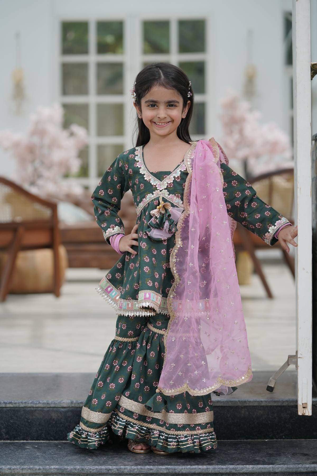 Pre Order: Stylish Green Printed Kurti Sharara Set for Women - Perfect for Festivals, Weddings & Casual Wear