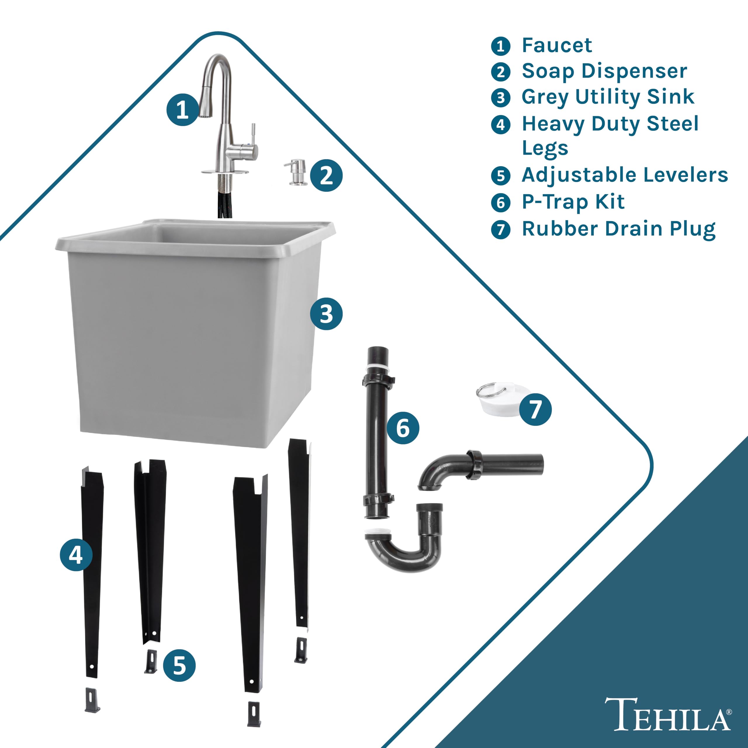 JS Jackson Supplies Grey Space Saver Utility Sink - Freestanding Laundry Tub with Stainless Pull-Down Faucet & Soap Dispenser | Perfect for Small Laundry Rooms, Basements & Garages