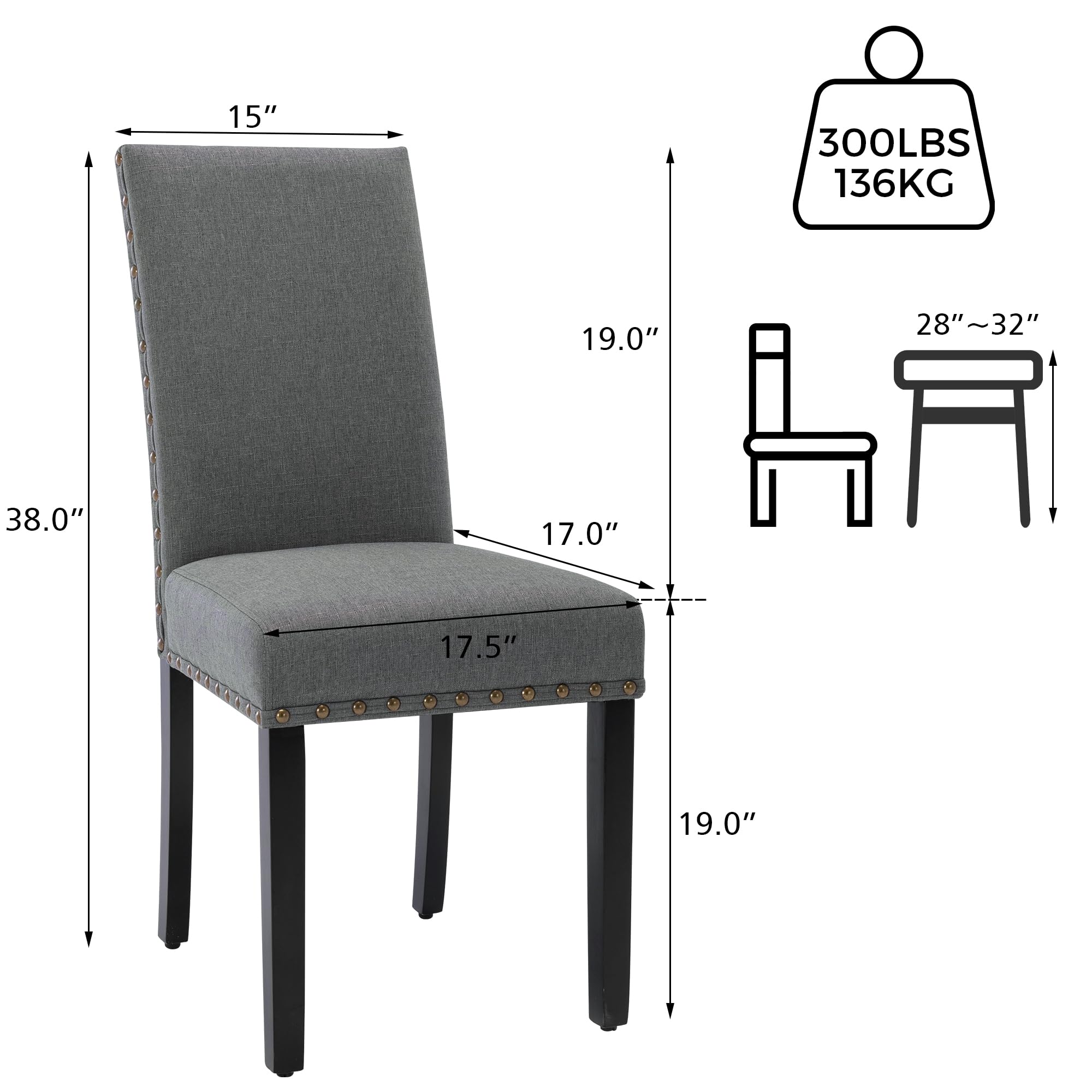 LSSBOUGHT Set of 2 Grey Upholstered Dining Chairs with Studded Nailhead Trim & Sturdy Wooden Legs - Elegant Parson Chairs for Dining Room, Kitchen, or Home Office