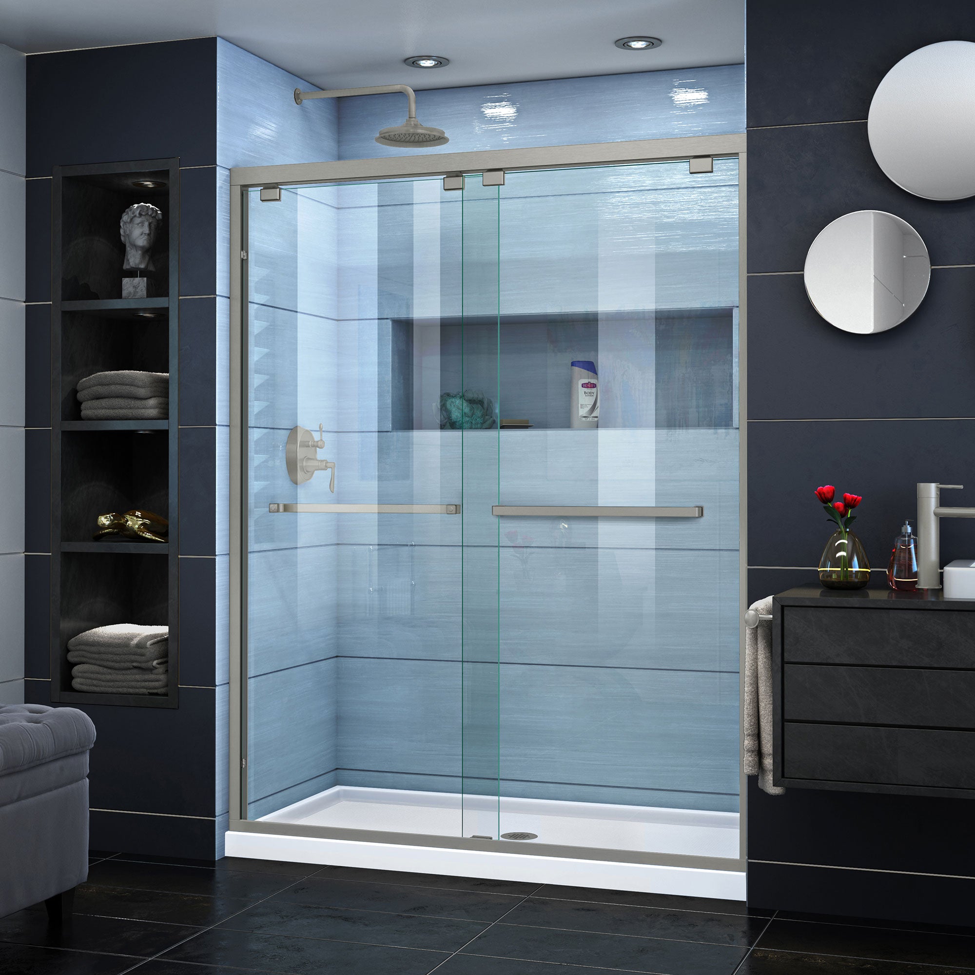 DreamLine Encore 32x60x78.75 Inch Oil Rubbed Bronze Bypass Shower Door with White Base Kit - Perfect for Modern Bathroom Renovations and Spa-Like Shower Experiences