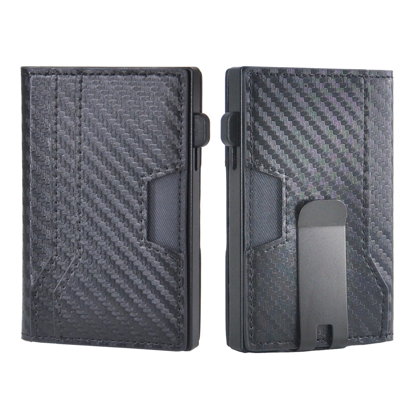 Slim RFID Blocking Minimalist Wallet for Men - Leather Pop Up Card Holder with Money Clip & ID Window - Metal Black Carbon Fiber - Perfect for Travel, Business & Everyday Carry