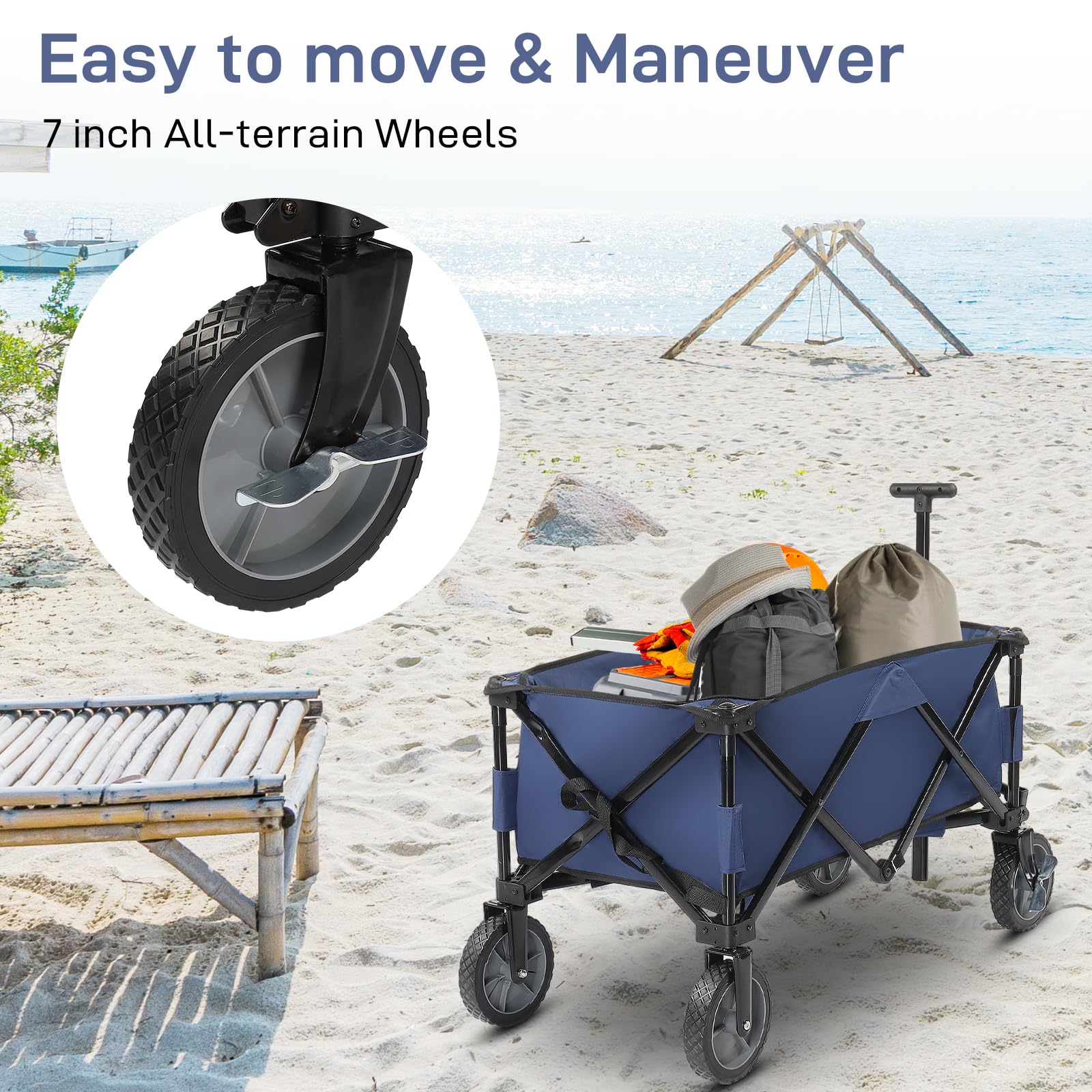 VINGLI Portable Collapsible Utility Wagon - Heavy Duty Folding Garden Cart with Steel Frame & Compact Wheels for Outdoor, Beach, Camping, Shopping | Perfect for Picnics, Groceries, and Sports Equipment Transport (Blue)