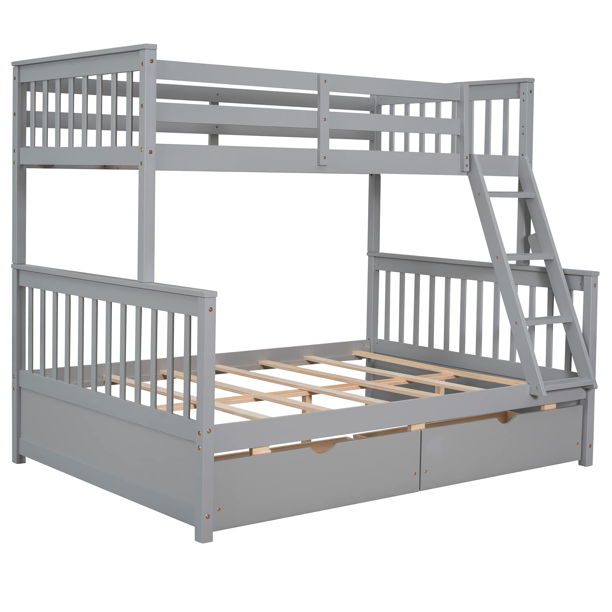 Merax Convertible Wood Bunk Bed with Ladders & Storage Drawers - Twin Over Full Size, Solid Wood Detachable Frame, Grey - Perfect for Kids' Bedroom, Guest Room & Space-Saving Solutions