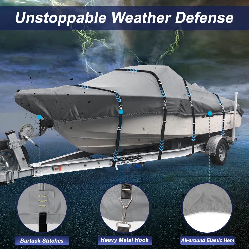 **900D Heavy Duty Waterproof Boat Cover - Trailerable V-Hull Cover with Metal Buckles, Fits 20'-22' Runabout, Tri-Hull & V-Hull Boats (Beam up to 100