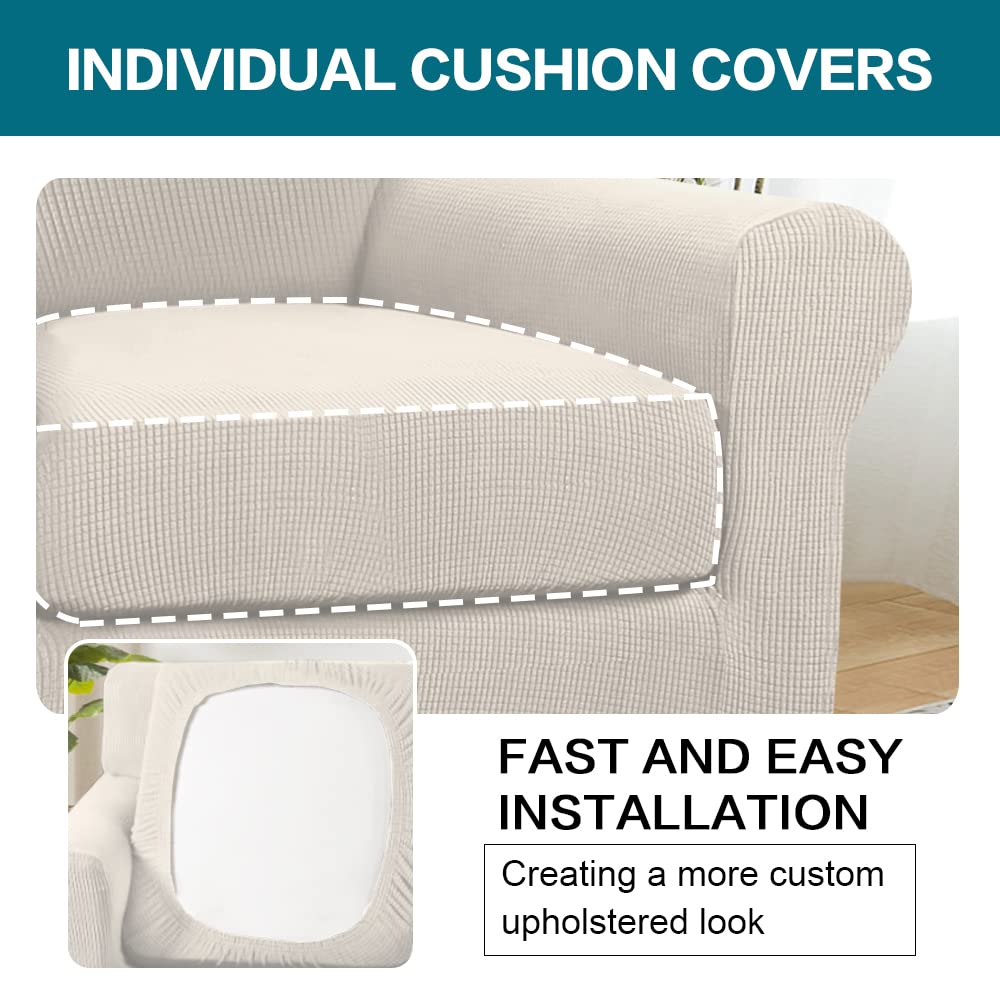 Turquoise 2-Piece Jacquard Fabric Chair Slipcovers for Living Room Armchair & Sofa with Matching Cushion Covers - Ivory Furniture Protectors for Home Decor, Parties, and Daily Use