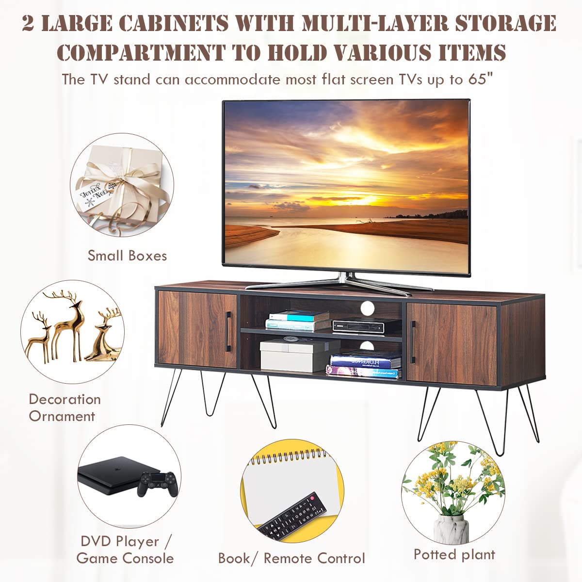 Tangkula 59 Inch Retro TV Stand with 6 Metal Legs - Modern Entertainment Center for 65 Inch TVs, Adjustable Shelf & 2 Cable Holes - Media Storage Cabinet for Living Room, Bedroom & Home Theater Setup
