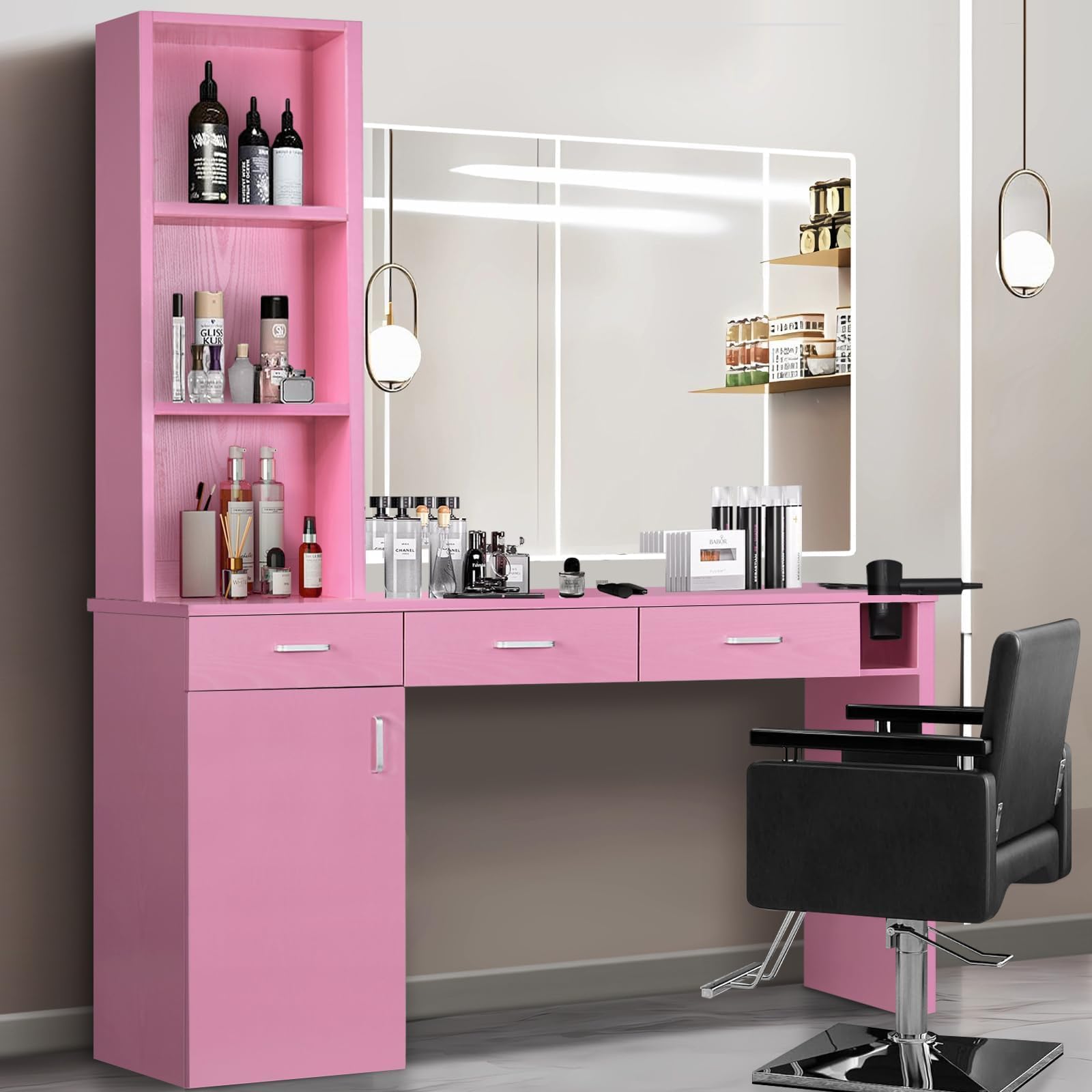 Professional Barber Station for Hair Stylists - Salon Wall Mount Cabinet with Hair Dryer Holder & Storage Drawers - Pink Beauty Salon Equipment for Home & Commercial Use