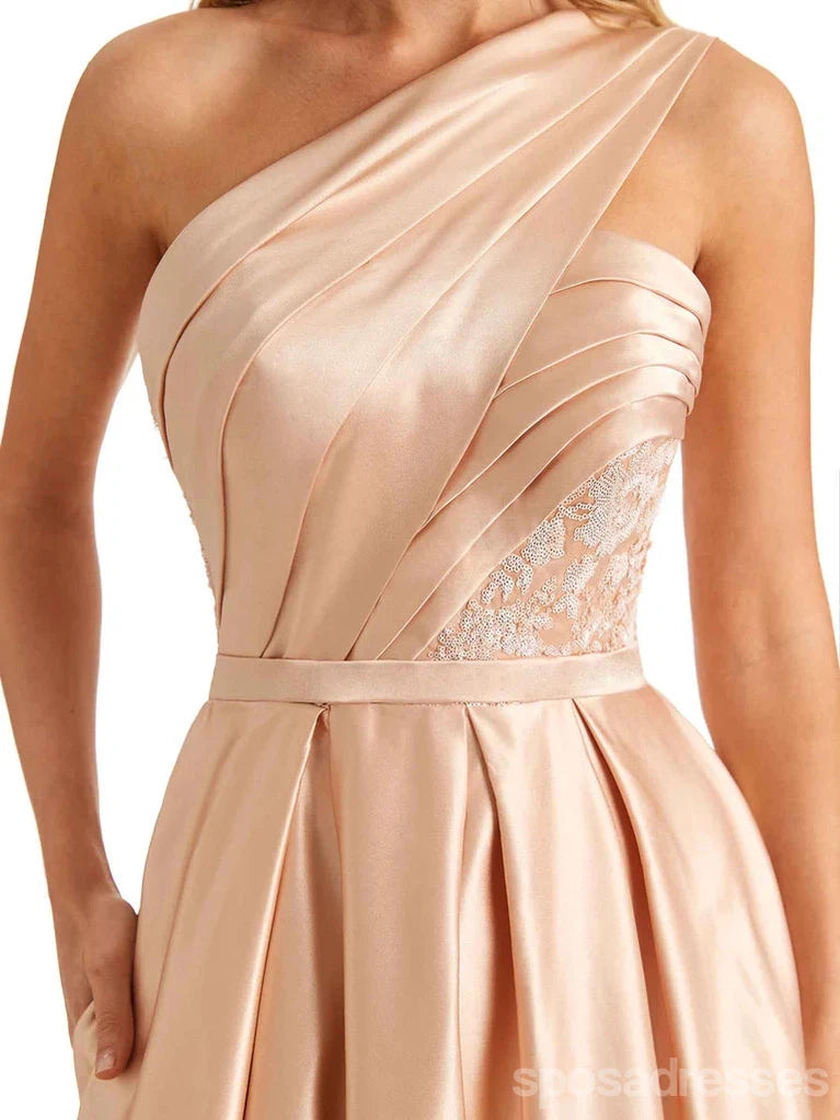 Elegant Champagne A-Line One Shoulder High Slit Long Prom Dress for Women - Perfect for Evening Parties, Homecoming, Wedding Guest & Formal Events