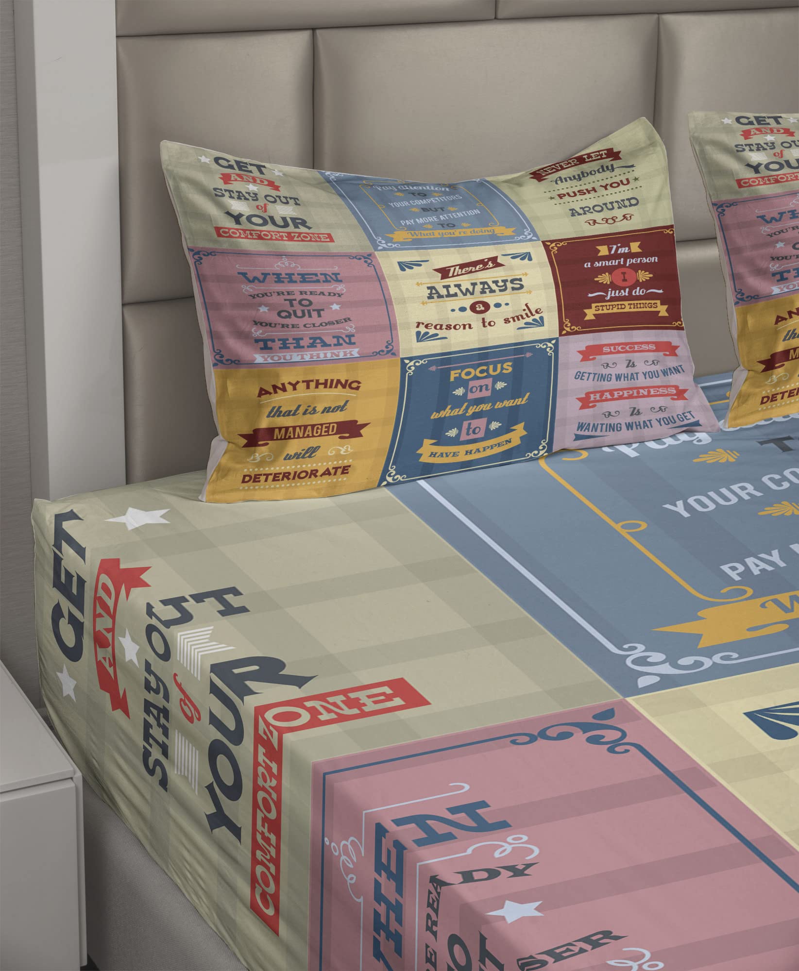 Ambesonne Motivational Words Sheet Set - 'Success with Positive Attitude' Themed 4-Piece Bedding Set (King Size) in Yellow & Pink | Perfect for Home Decor, Guest Rooms & Positive Vibes Bedroom