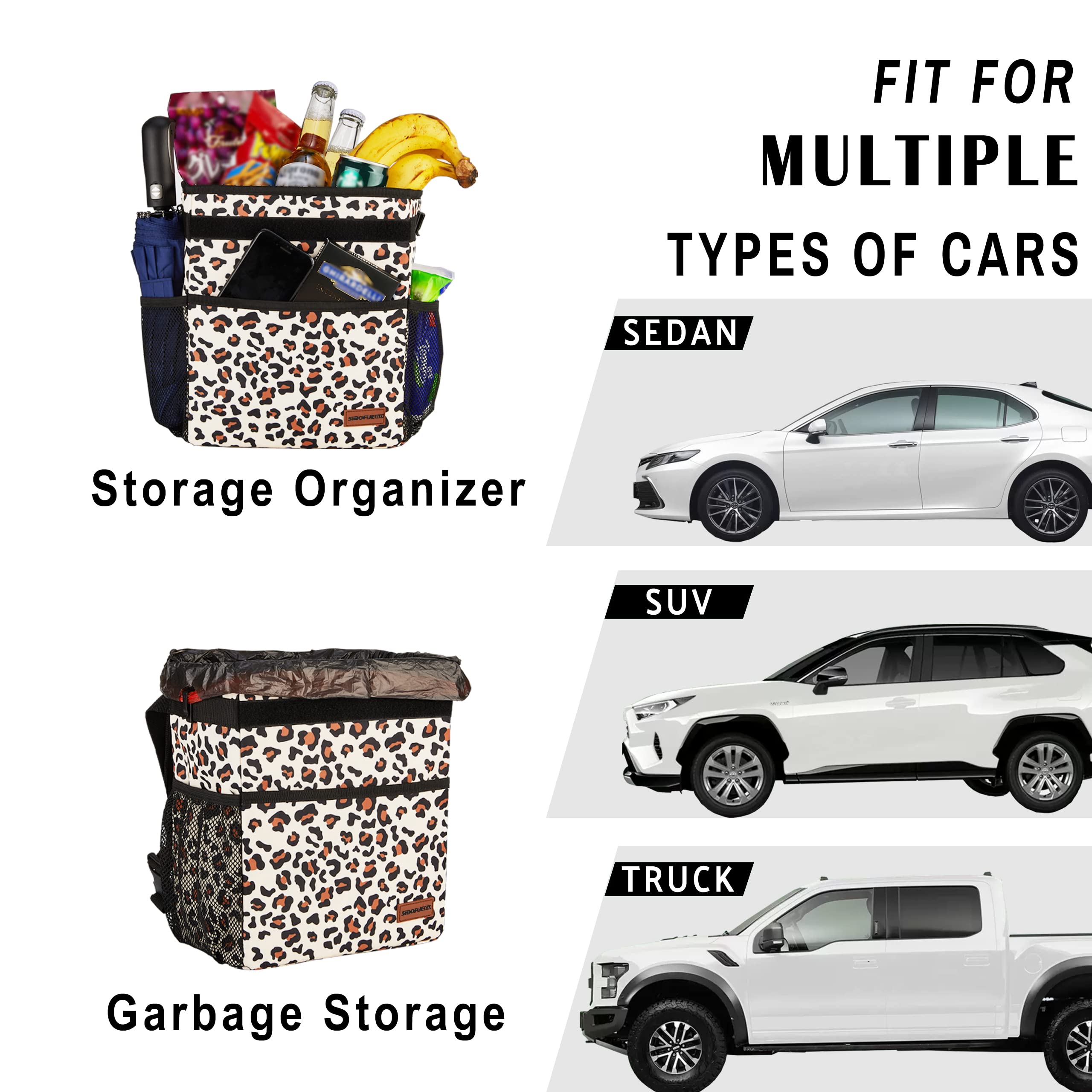 Leopard Print Collapsible Car Trash Can with Lid - 2 Gallon Waterproof & Leak-Proof Vehicle Garbage Bin with Storage Pockets & Adjustable Straps | Perfect for Road Trips, Commuting, and Keeping Your Car Clean