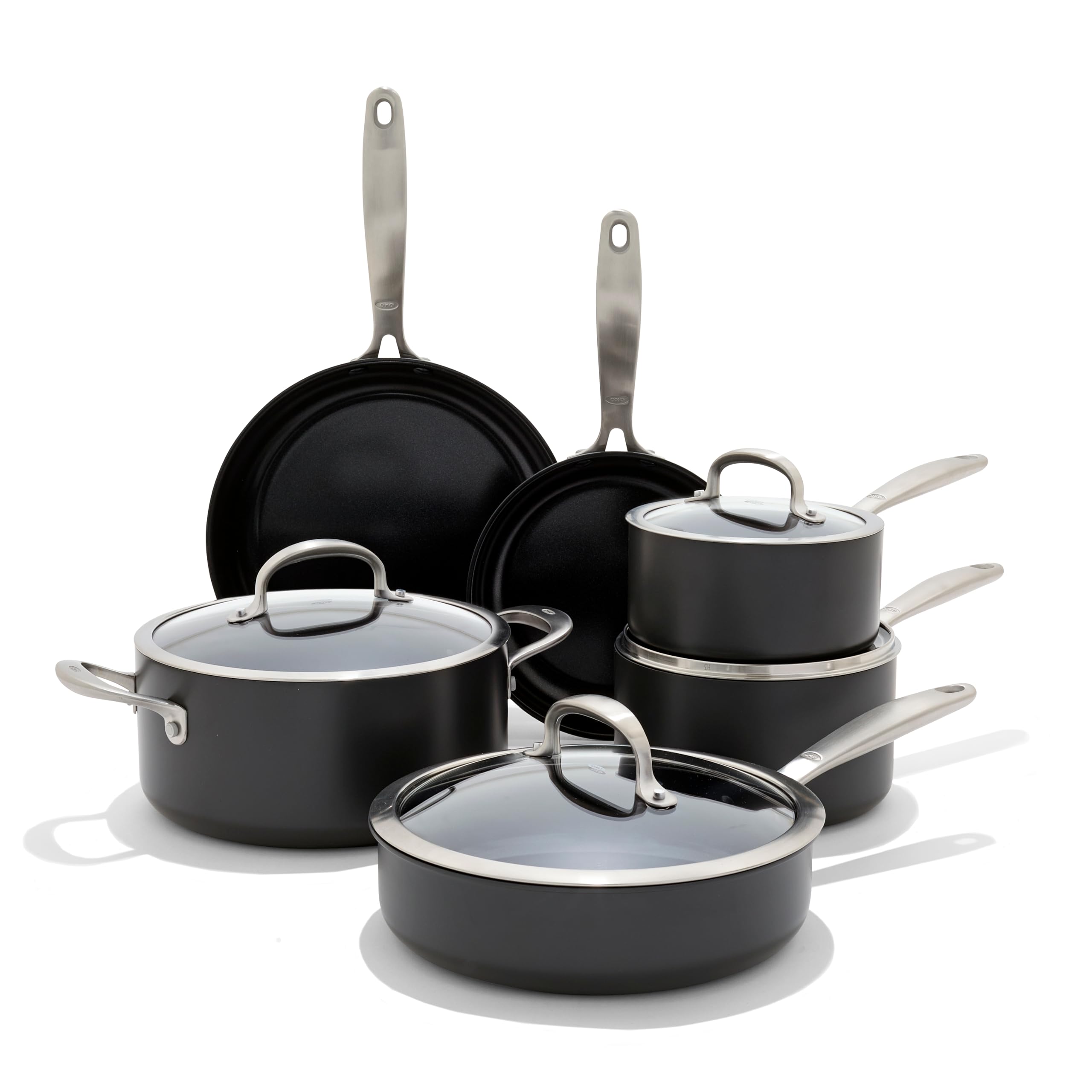 OXO Enhanced 10-Piece Non-Toxic Cookware Set - PFAS-Free Ceramic Nonstick Coating, Durable Hard Anodized Aluminum Pots & Pans with Stainless Steel Handles, Scratch Resistant & Dishwasher Safe - Oven Safe to 500°F - Perfect for Healthy Cooking, Frying, Boiling & Baking in Modern Kitchens