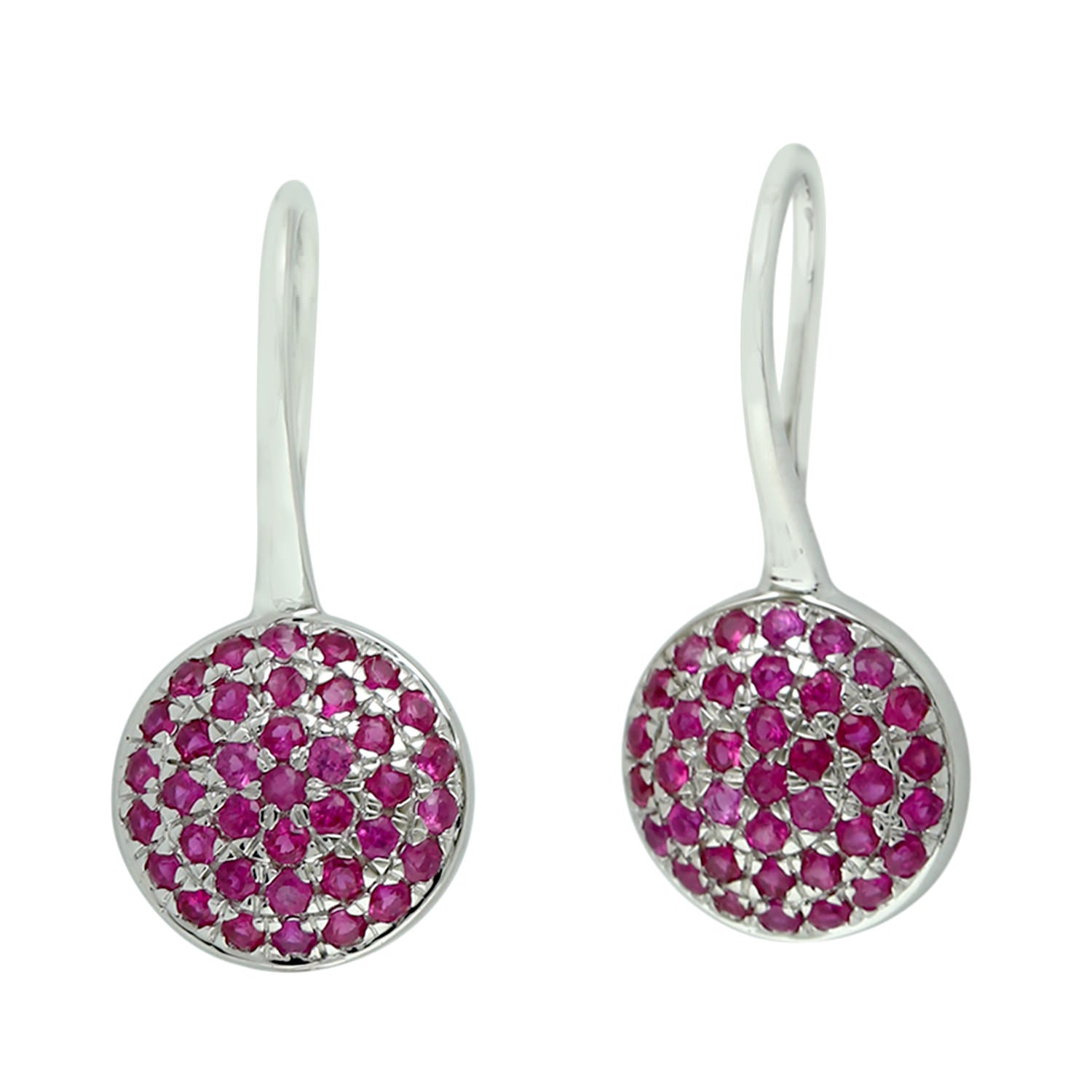 18K White Gold Pave Ruby Gemstone Minimalist Ear Hook Earrings - Elegant Dainty Jewelry for Women, Perfect for Weddings, Parties & Everyday Wear