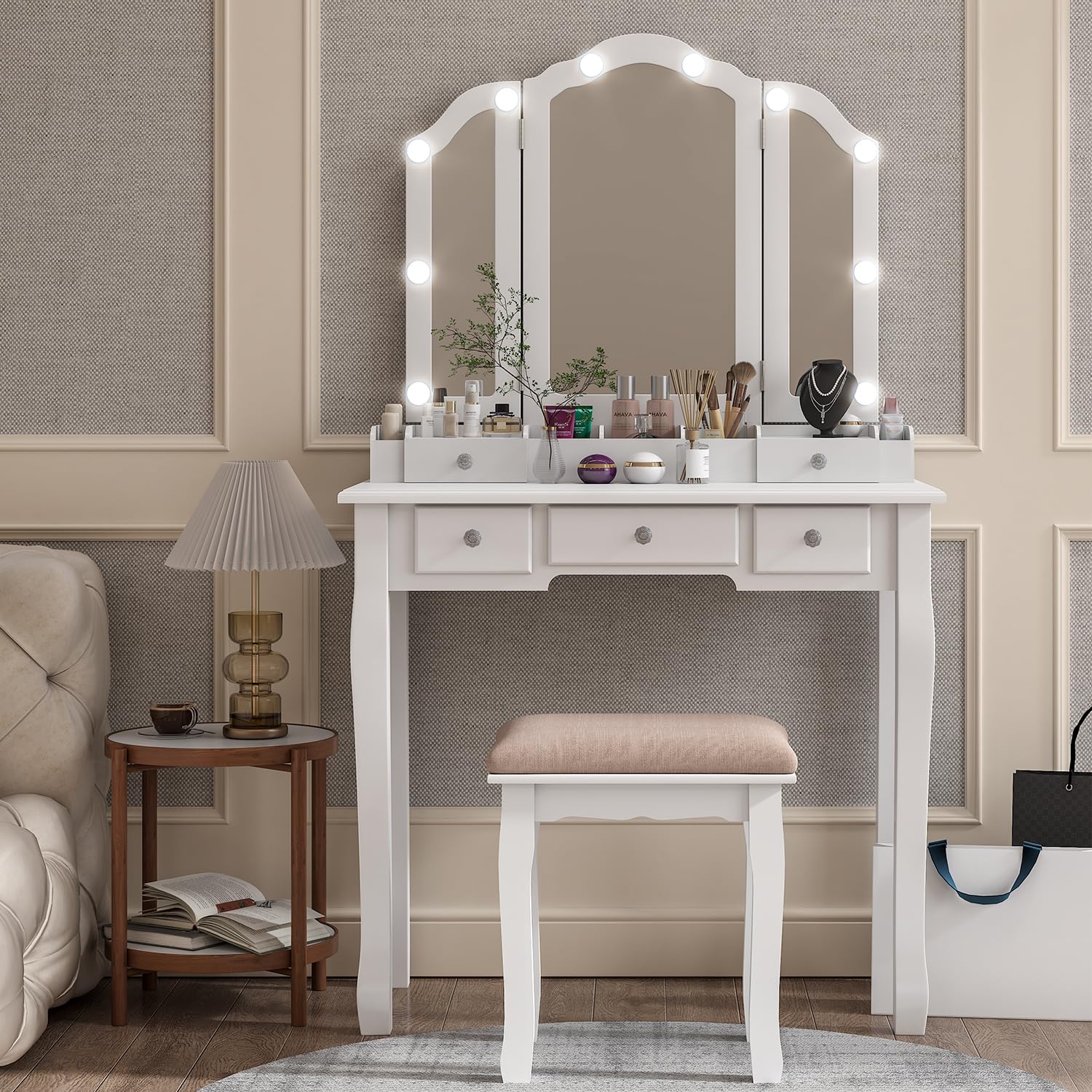 Lighted Makeup Vanity Desk with Mirror, Drawers & Stool - Hollywood Style Dressing Table with LED Lights for Bedroom, Beauty Salon & Home Decor