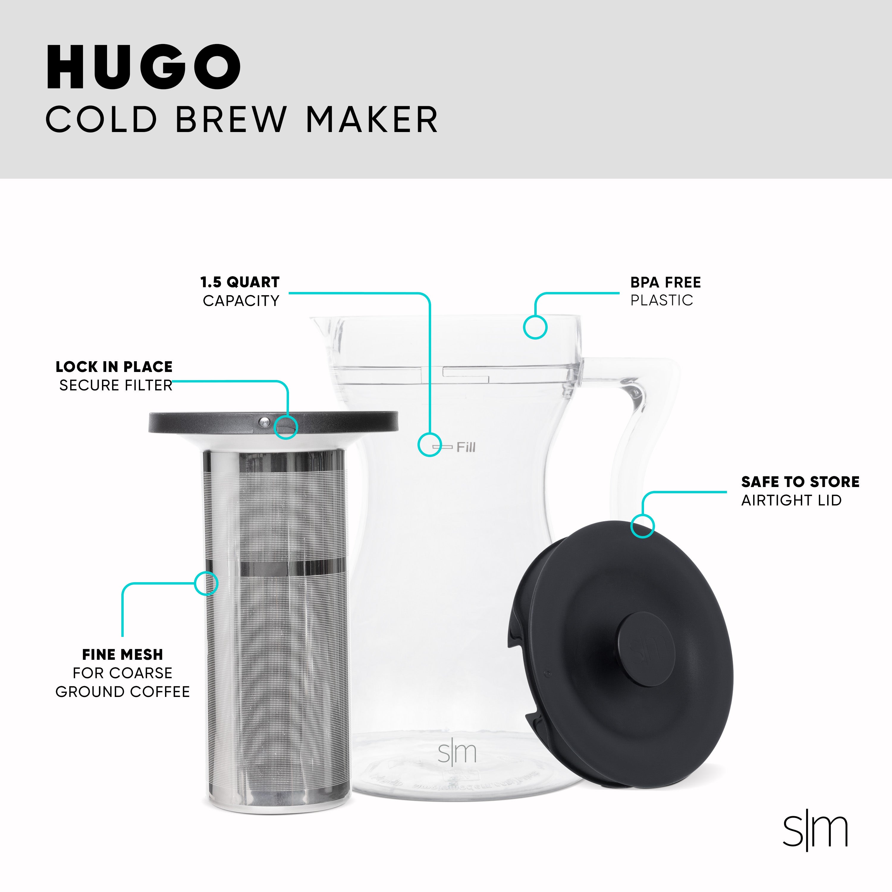Premium Hugo Cold Brew Maker - Iced Coffee Maker with Glass Carafe & Stainless Steel Filter - Perfect for Home, Office & Outdoor Use
