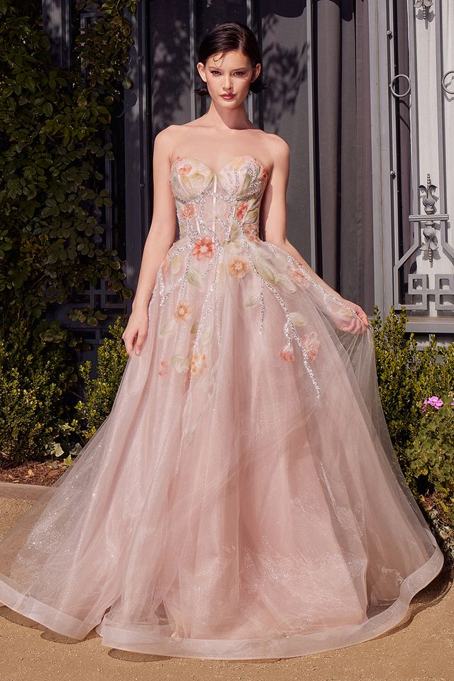 Andrea & Leo A1383 Floral Watercolor A-Line Gown - Elegant Wedding, Prom, and Special Occasion Dress