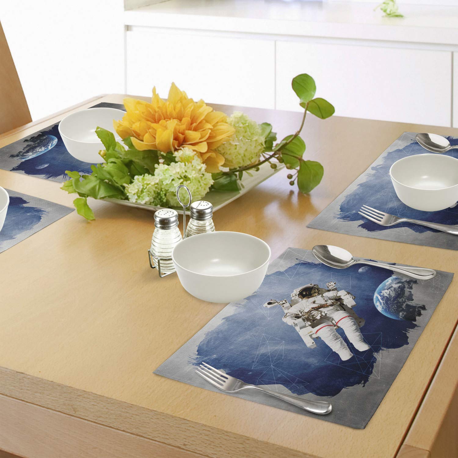 Ambesonne Outer Space Place Mats Set of 4 - Astronaut & Geometric Brushstroke Sci-Fi Modern Art Washable Fabric Placemats for Dining Table, Kitchen Decor in Blue & Beige | Perfect for Space-Themed Parties, Everyday Meals & Modern Home Decor