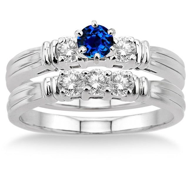 1.25 Carat Sapphire & Moissanite Diamond 3-Stone Engagement Ring Wedding Set in 10K White Gold - Perfect for Bridal Jewelry, Anniversary Gifts & Special Occasions