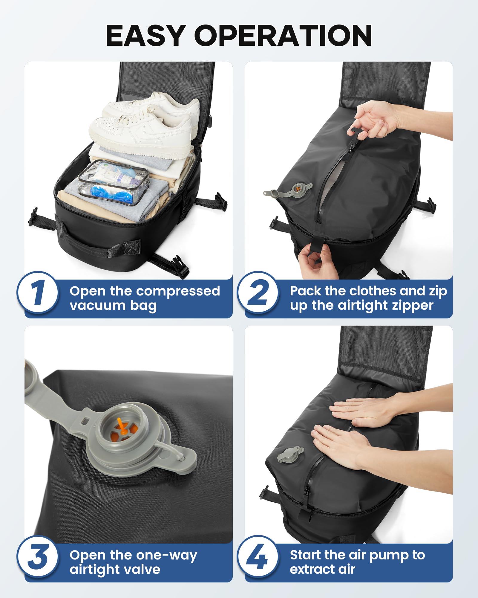 Vacuum Compression Travel Backpack with Air Pump - Waterproof Carry On Luggage for United Airlines (Black) | Perfect for Weekend Trips, Business Travel & Outdoor Adventures